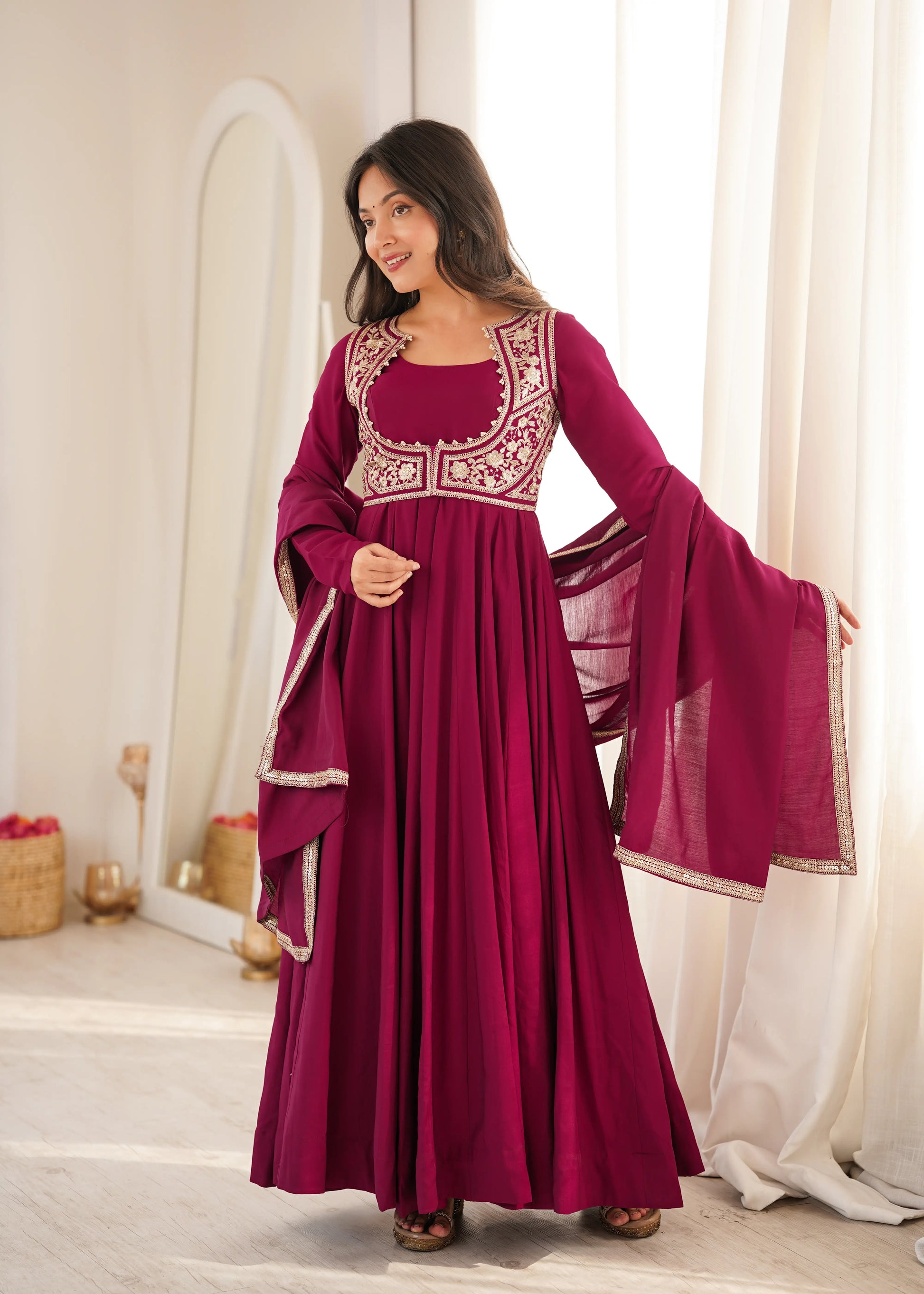 Wine Embroidered Jacket Anarkali