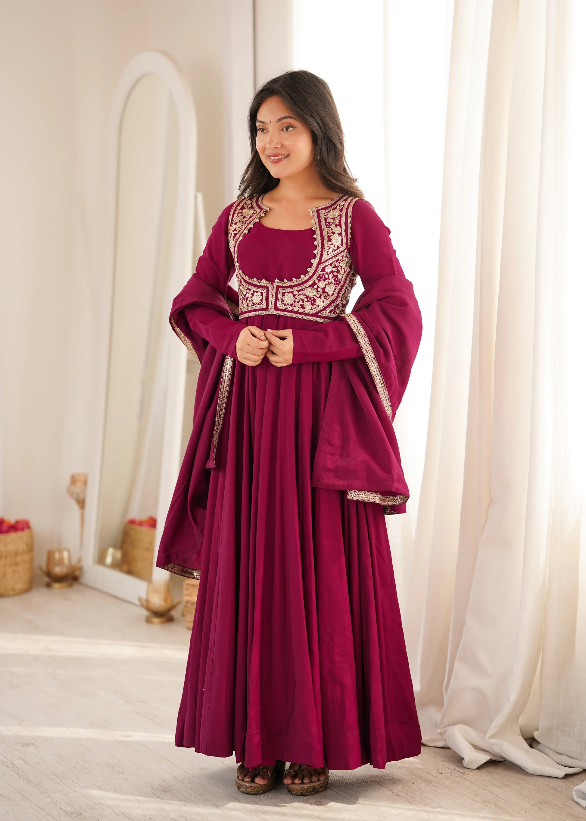 Wine Embroidered Jacket Anarkali
