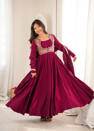 Wine Embroidered Jacket Anarkali