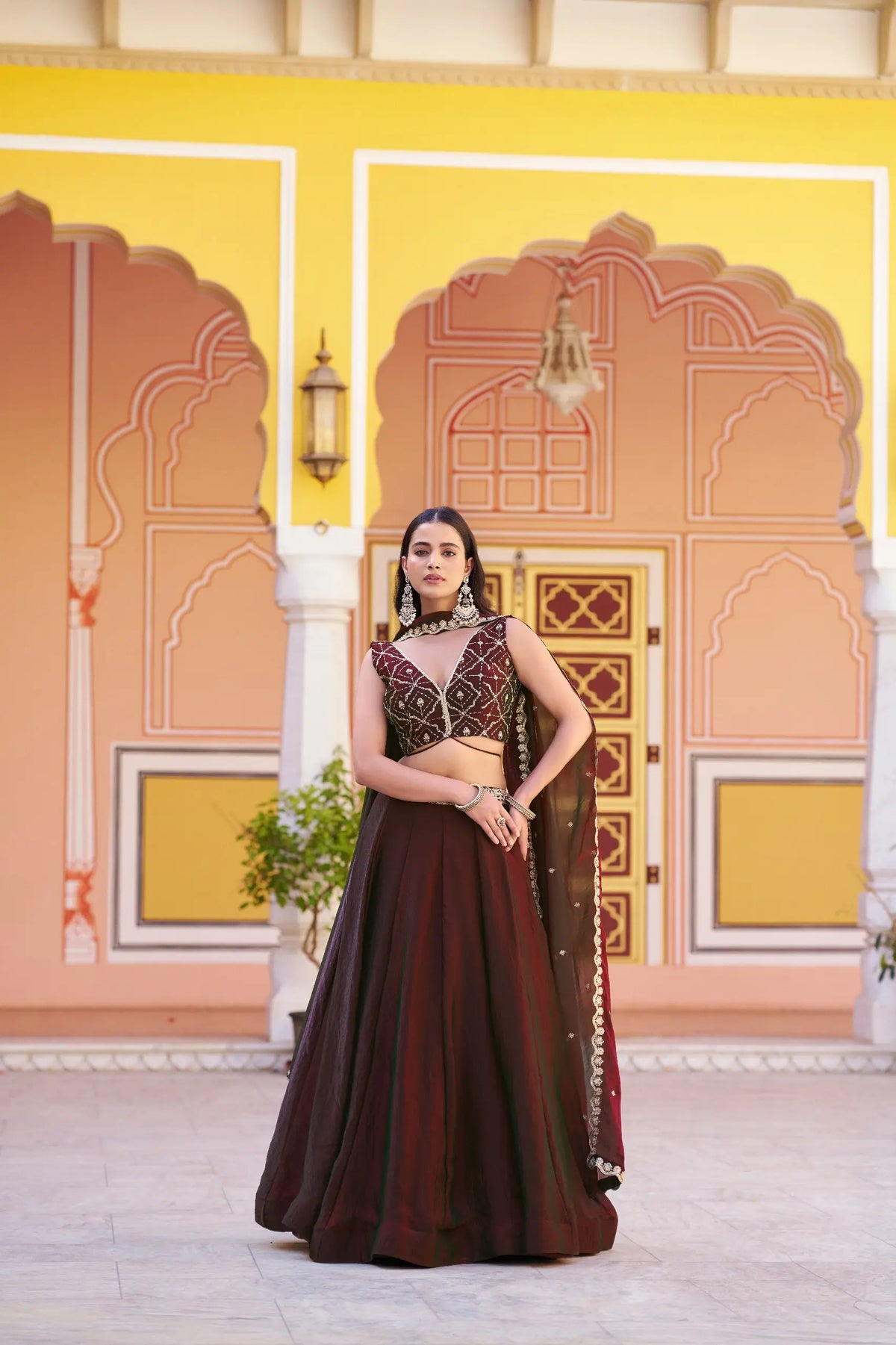 Wine Fendi Silk Sequin Lehenga Set