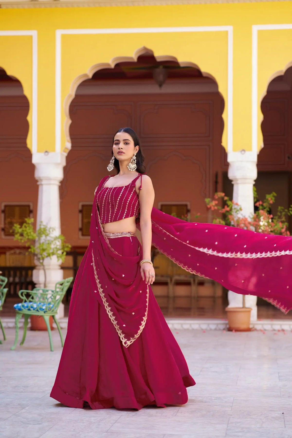 Wine Fendi Silk Sequin Lehenga Set