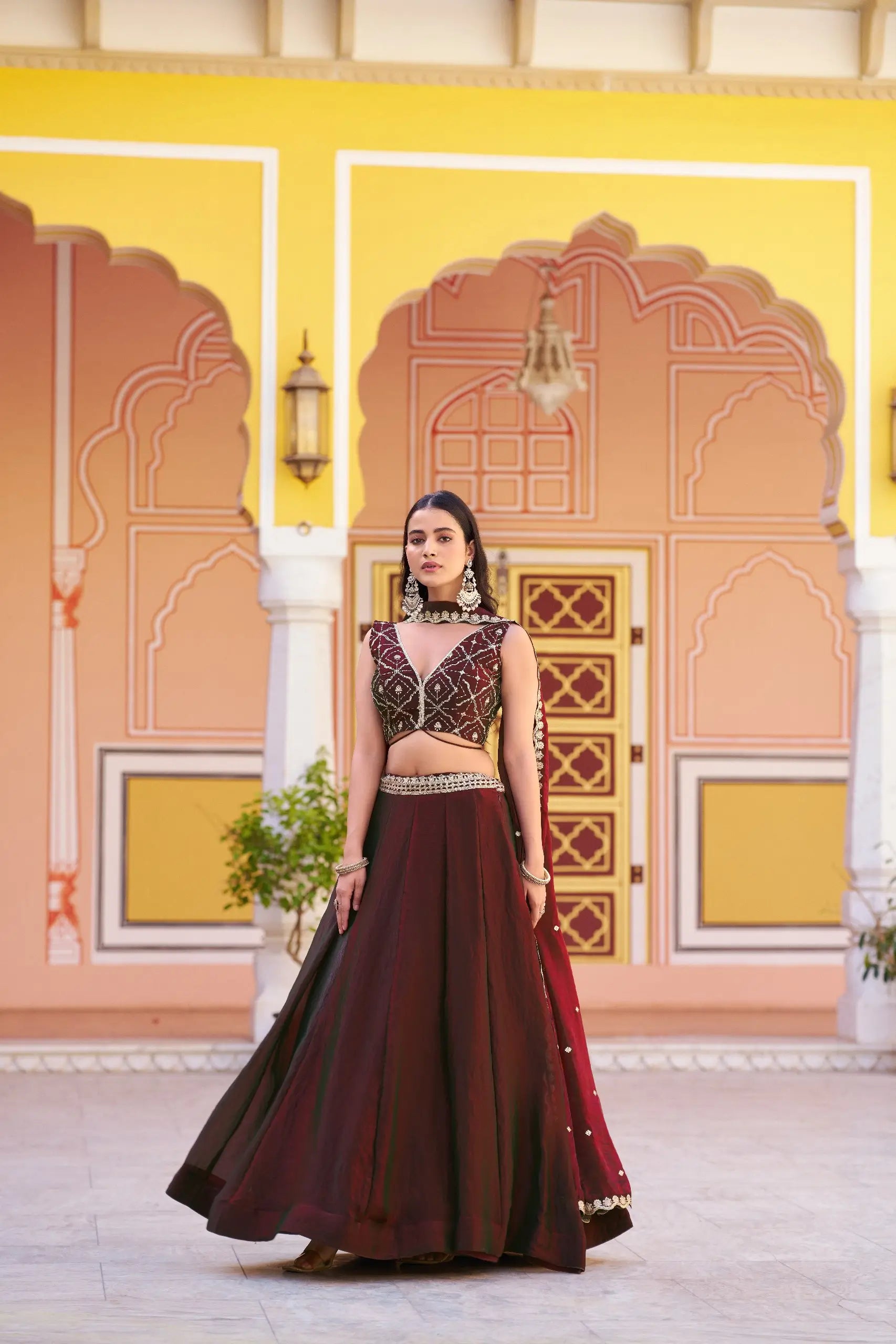 Wine Fendi Silk Sequin Lehenga Set