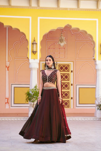 Wine Fendi Silk Sequin Lehenga Set
