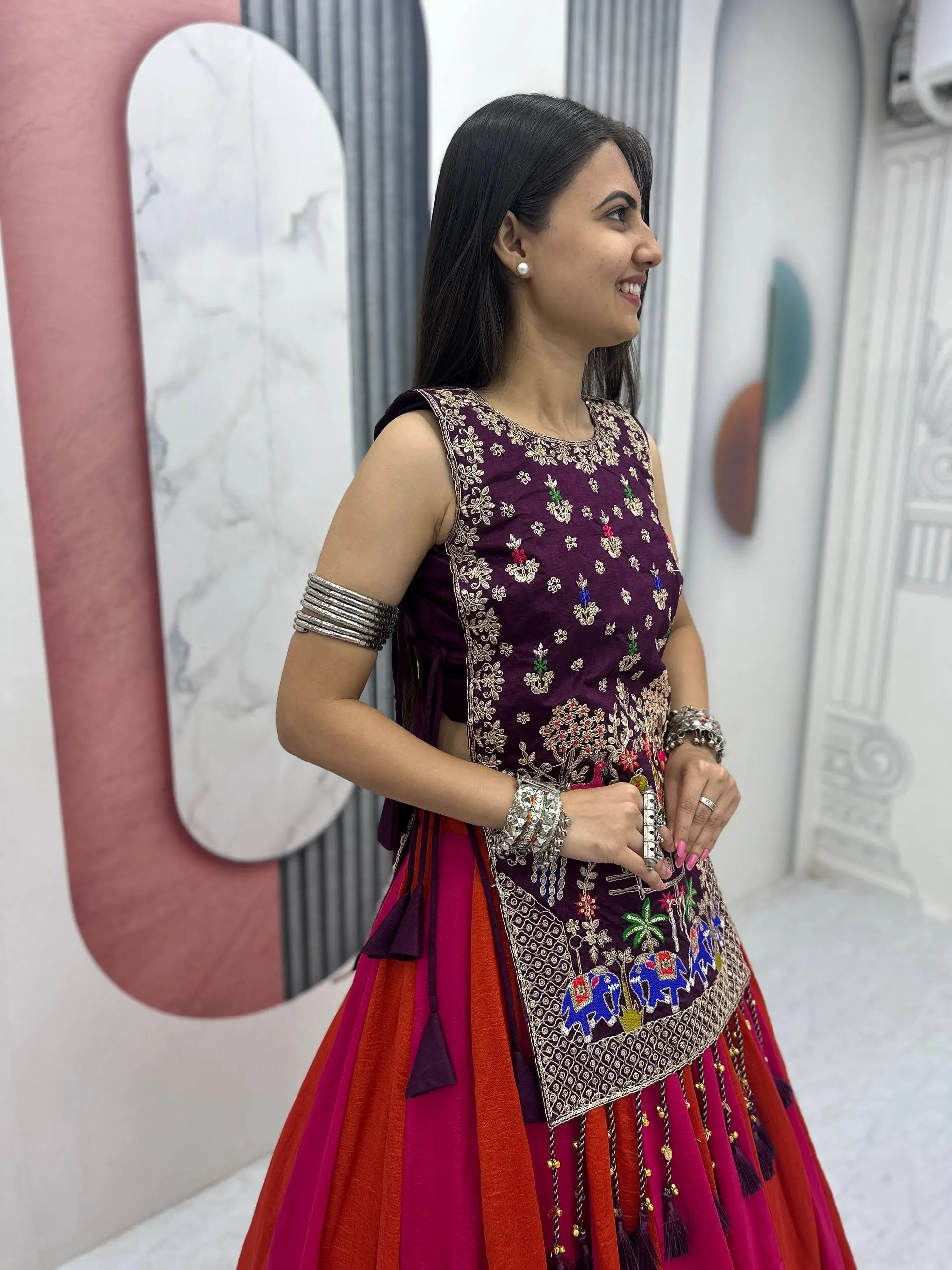 Wine Folk Shrug Lehenga