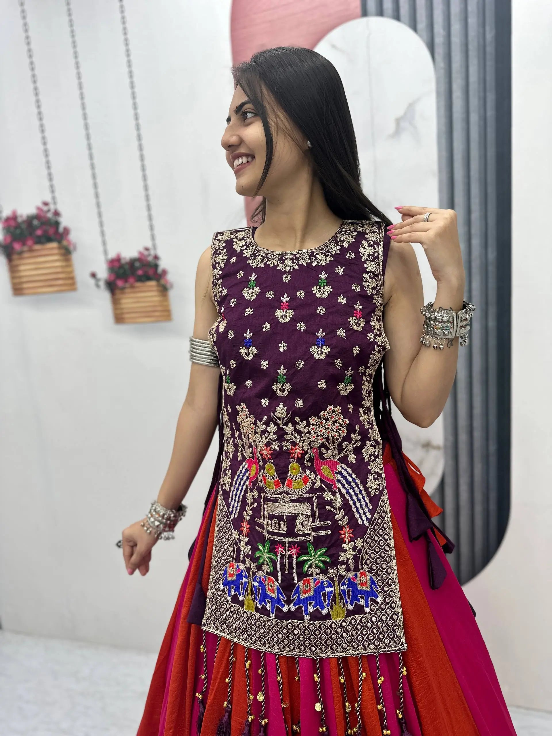 Wine Folk Shrug Lehenga
