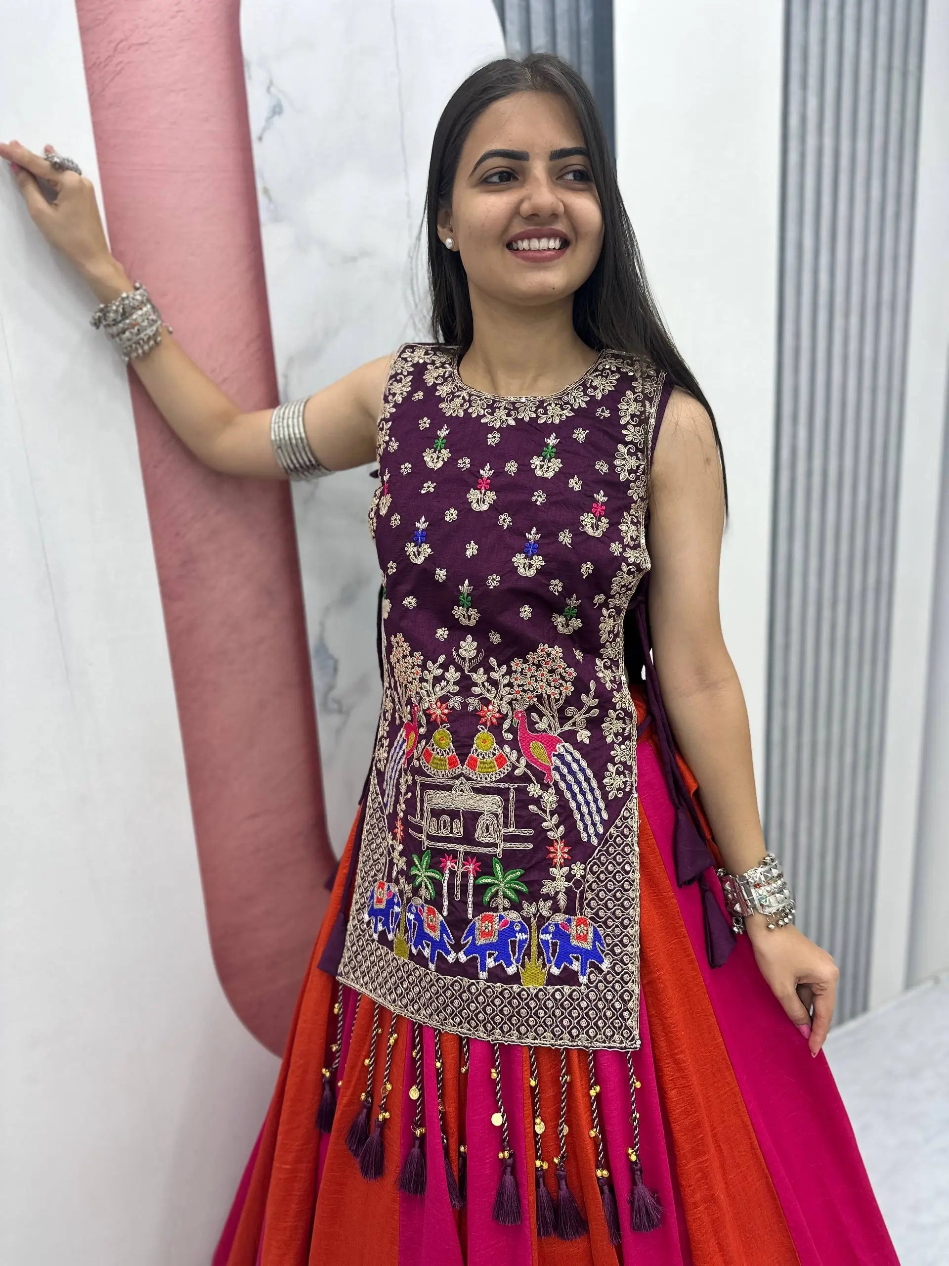 Wine Folk Shrug Lehenga
