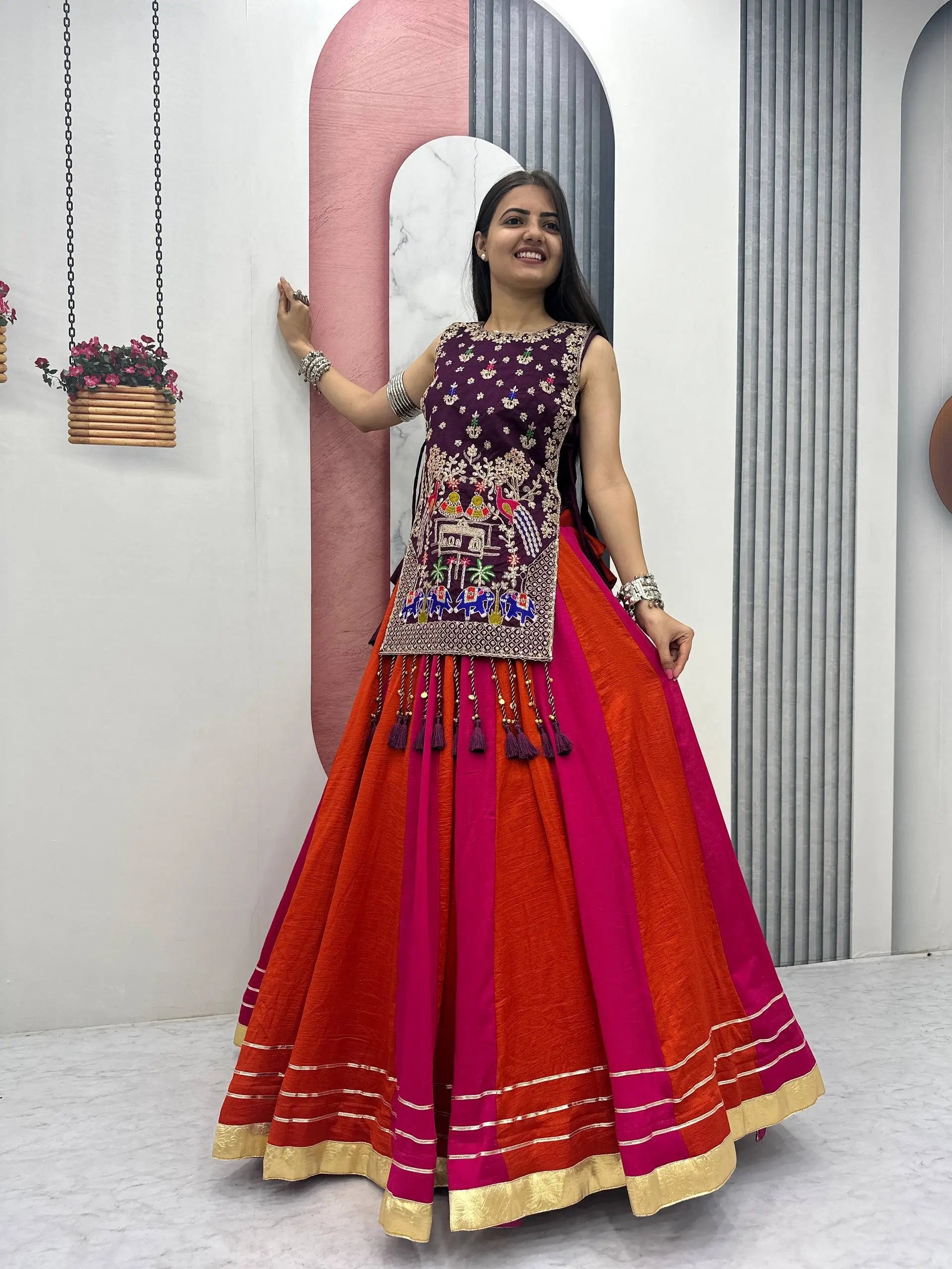 Wine Folk Shrug Lehenga