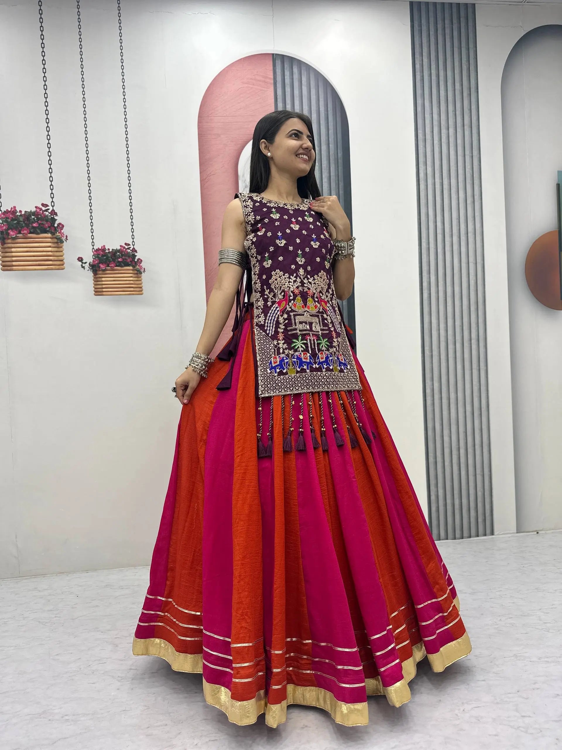 Wine Folk Shrug Lehenga