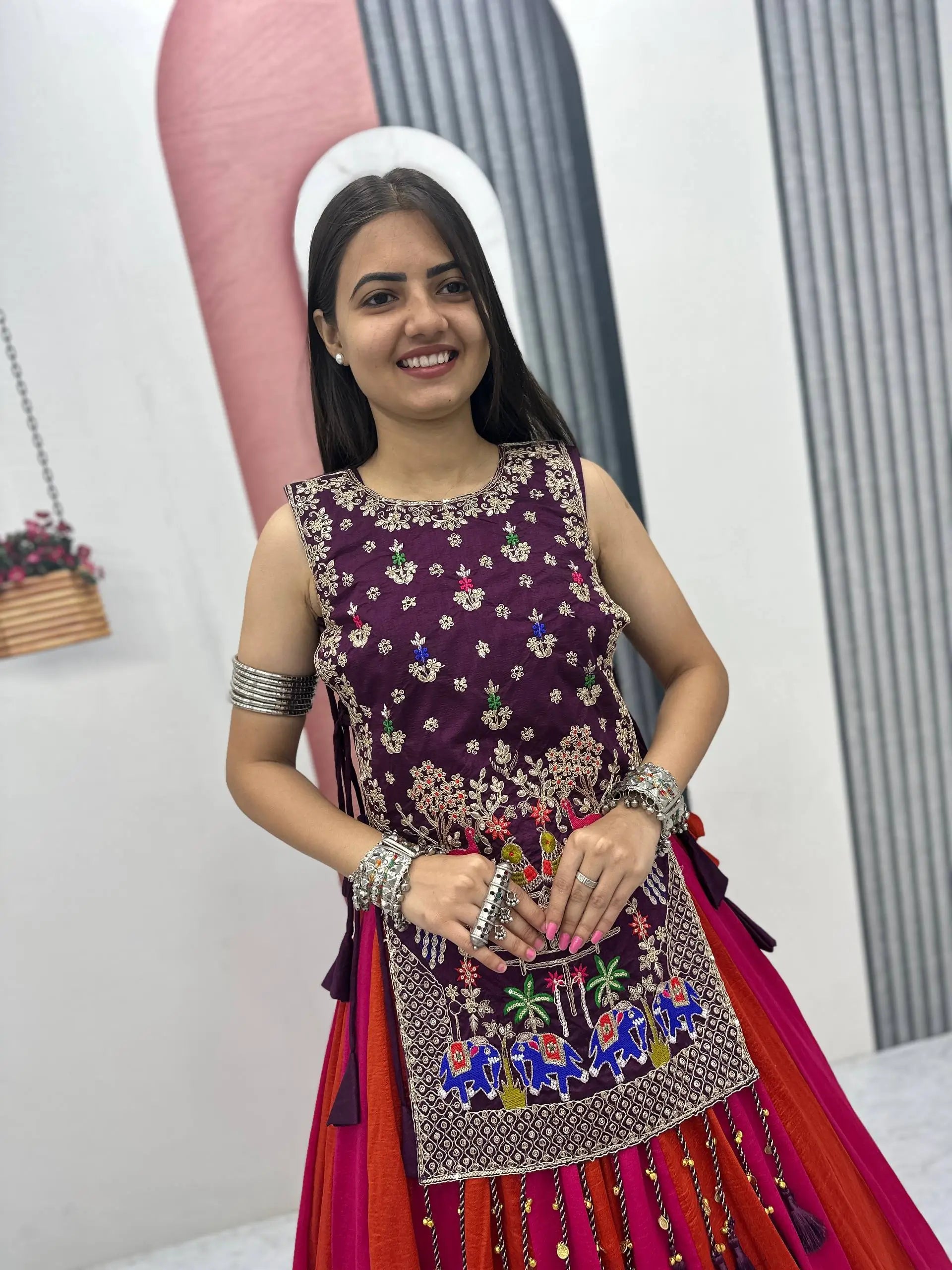 Wine Folk Shrug Lehenga