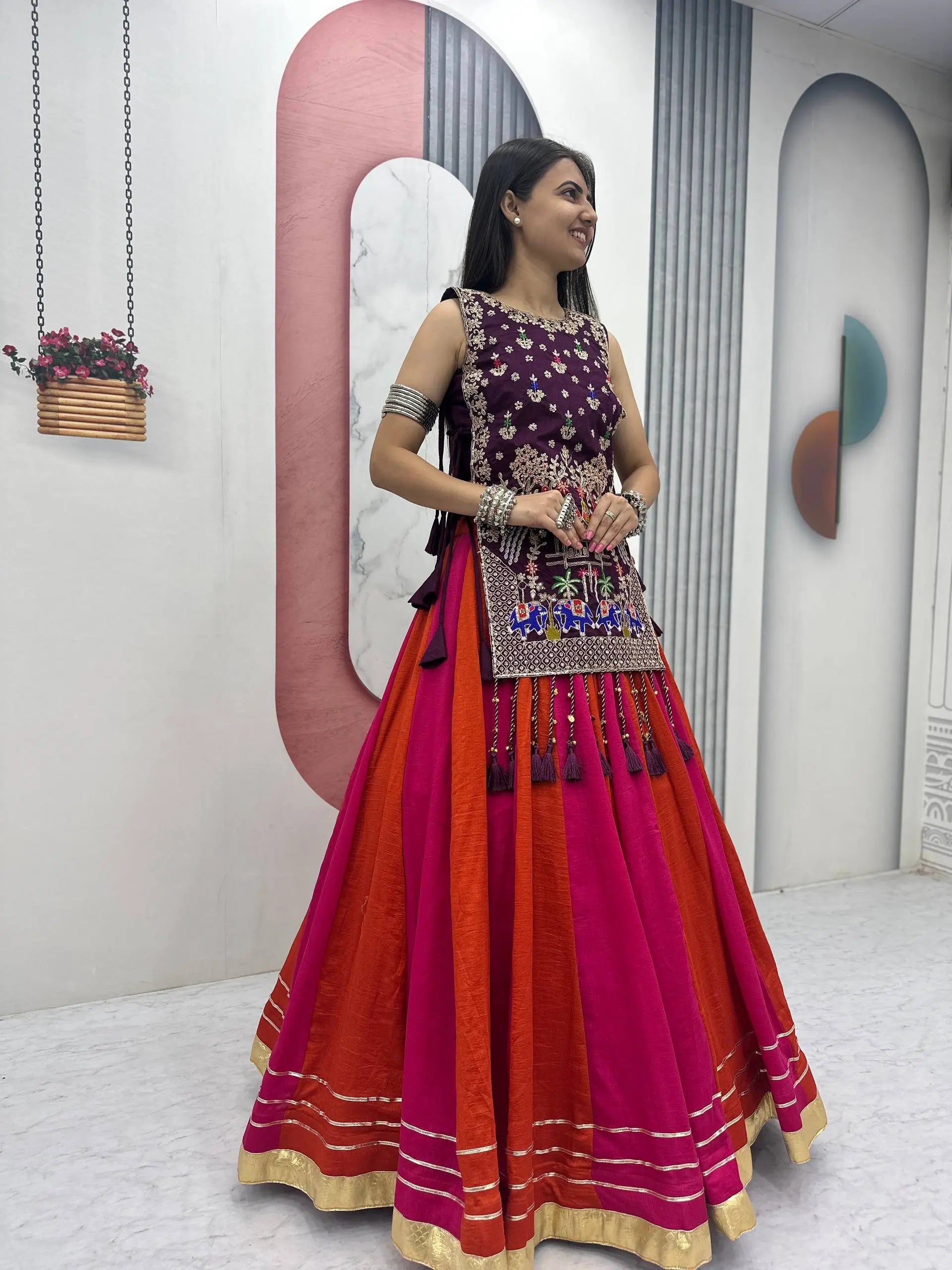 Wine Folk Shrug Lehenga