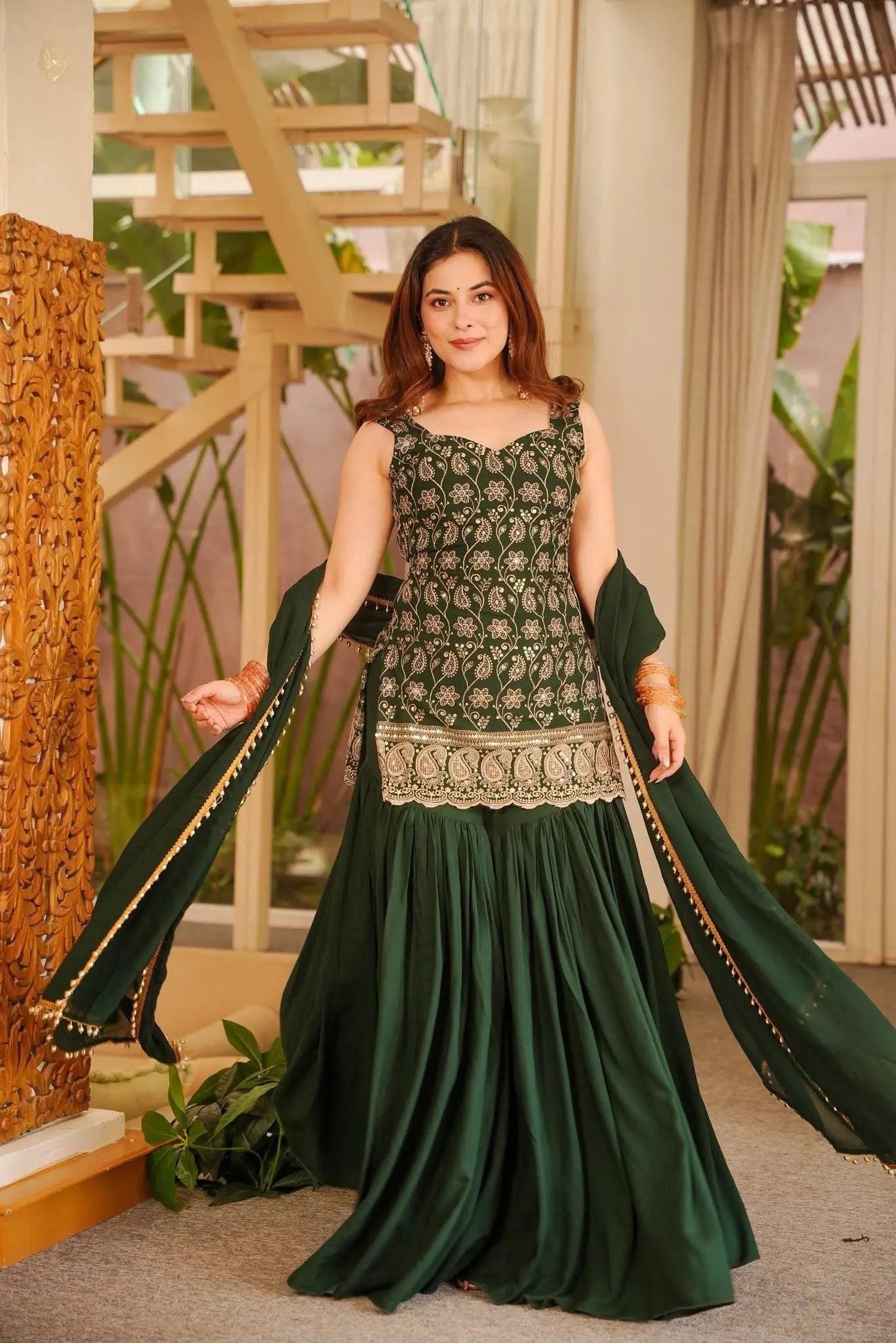 Wine & Green Backless Georgette Gharara Set with Embroidery