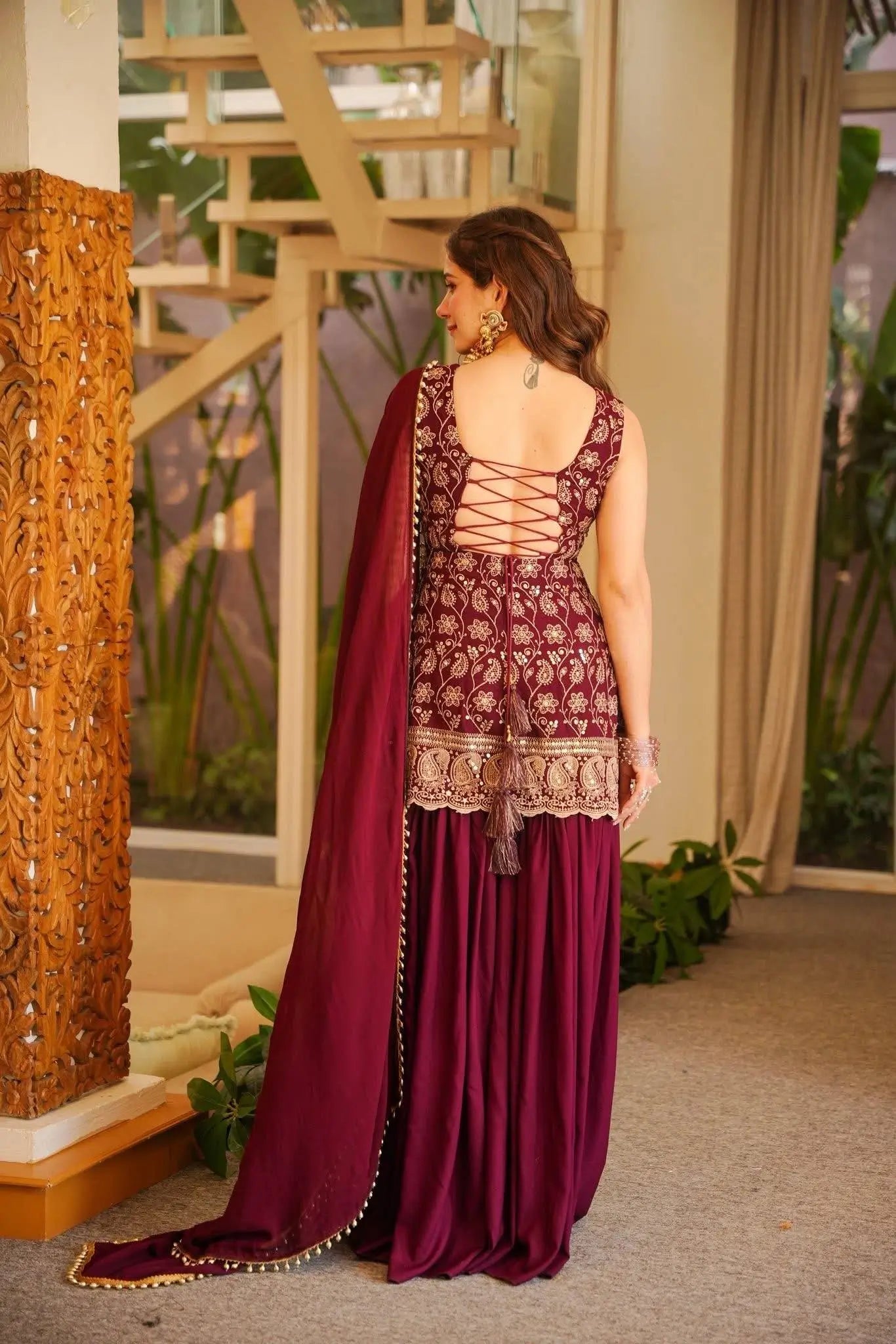 Wine & Green Backless Georgette Gharara Set with Embroidery