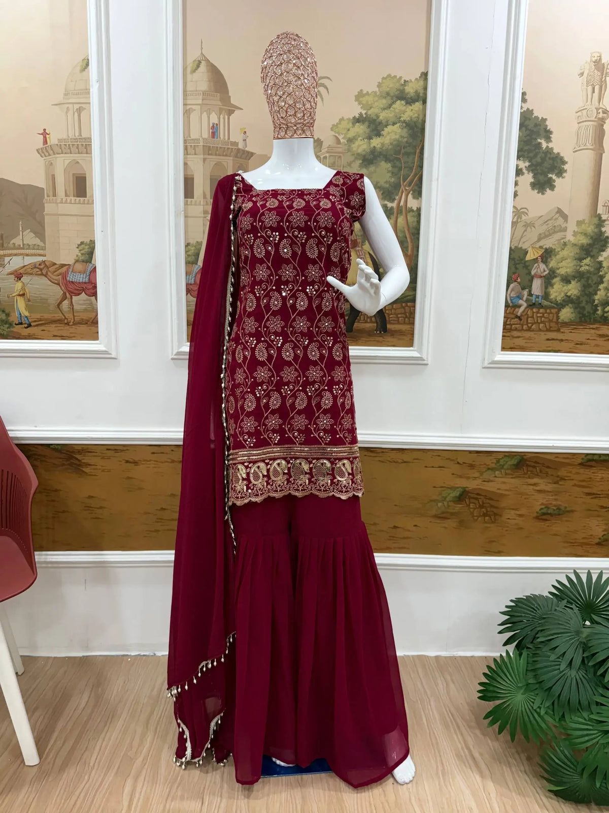 Wine & Green Backless Georgette Gharara Set with Embroidery