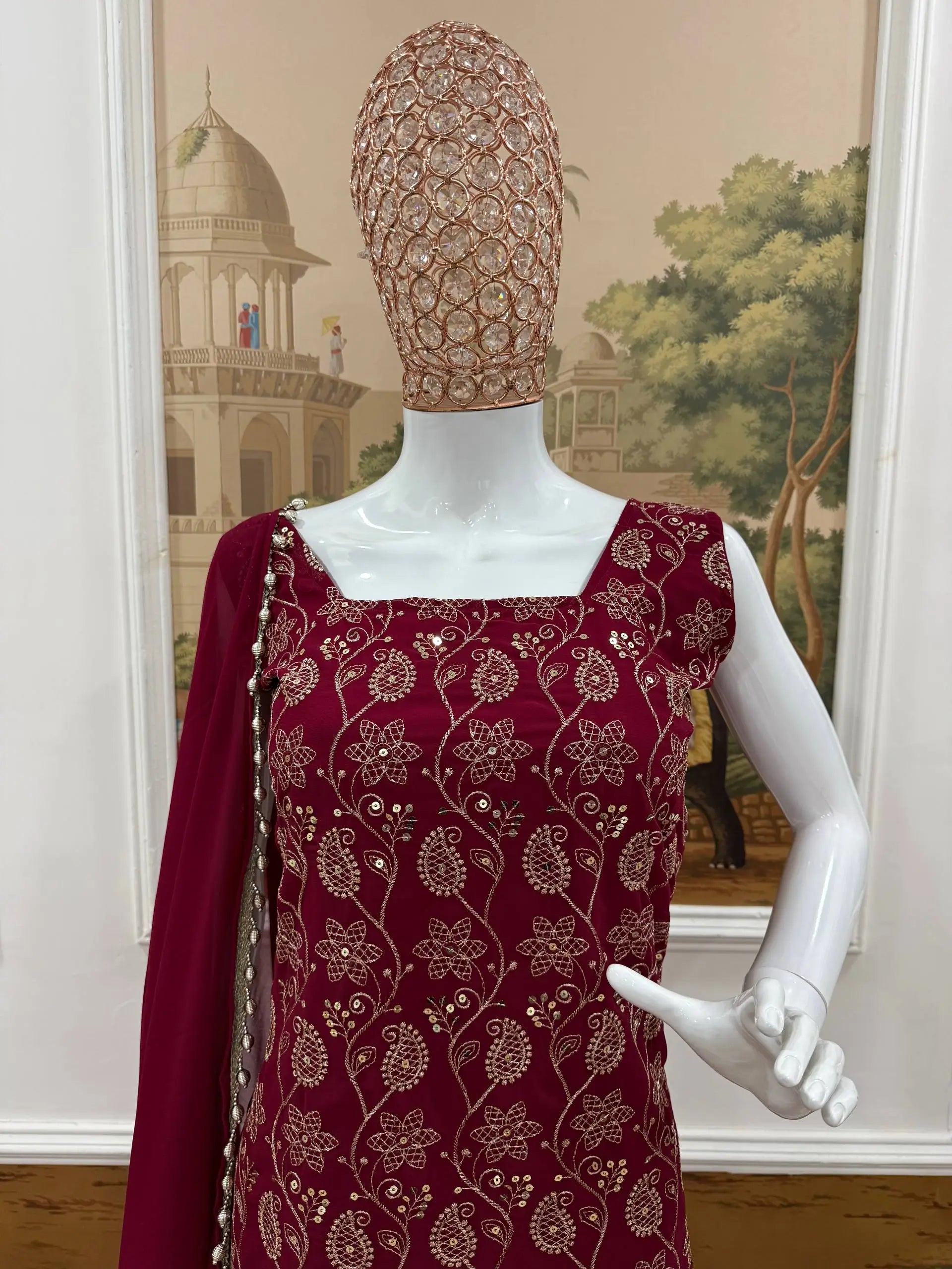 Wine & Green Backless Georgette Gharara Set with Embroidery