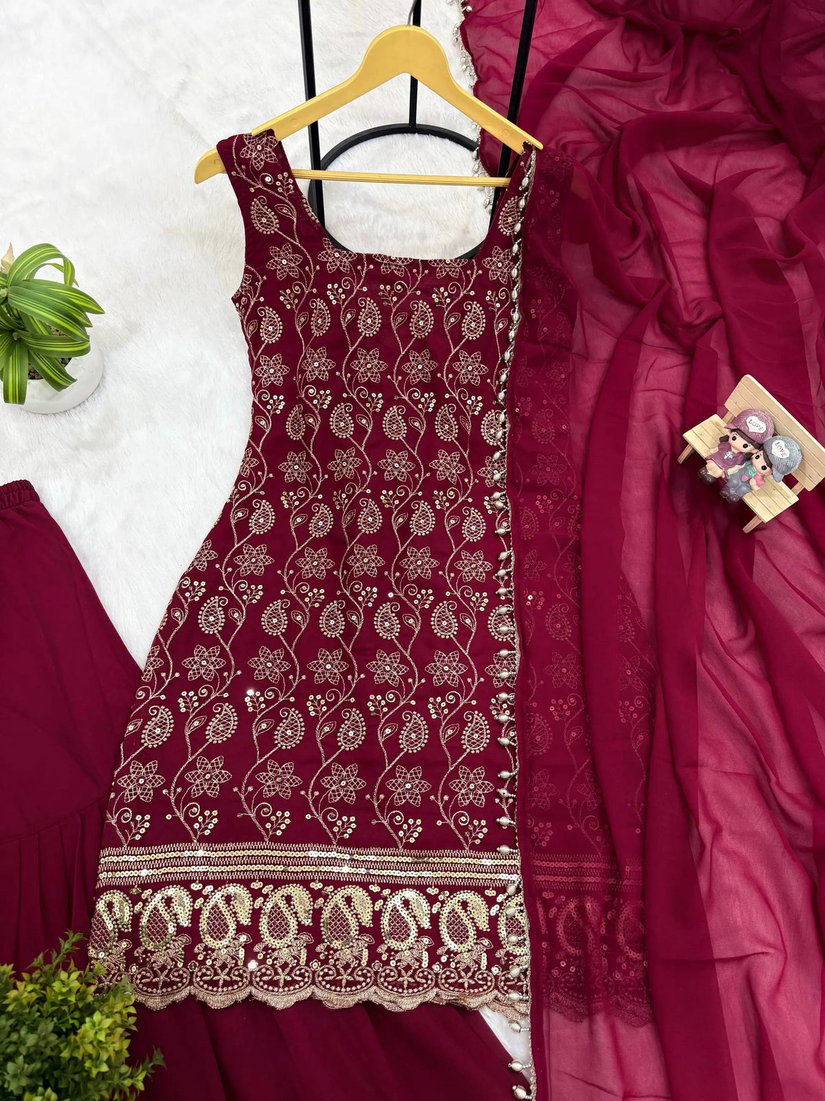 Wine & Green Backless Georgette Gharara Set with Embroidery