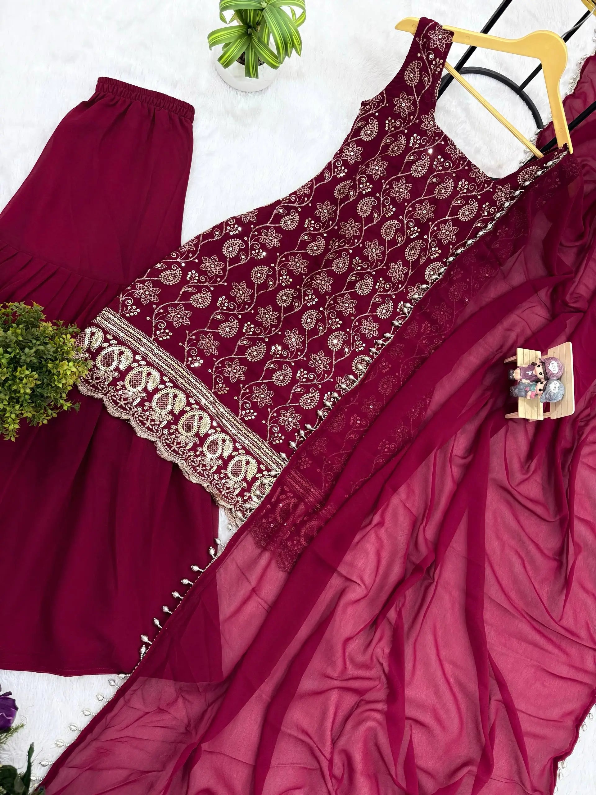 Wine & Green Backless Georgette Gharara Set with Embroidery