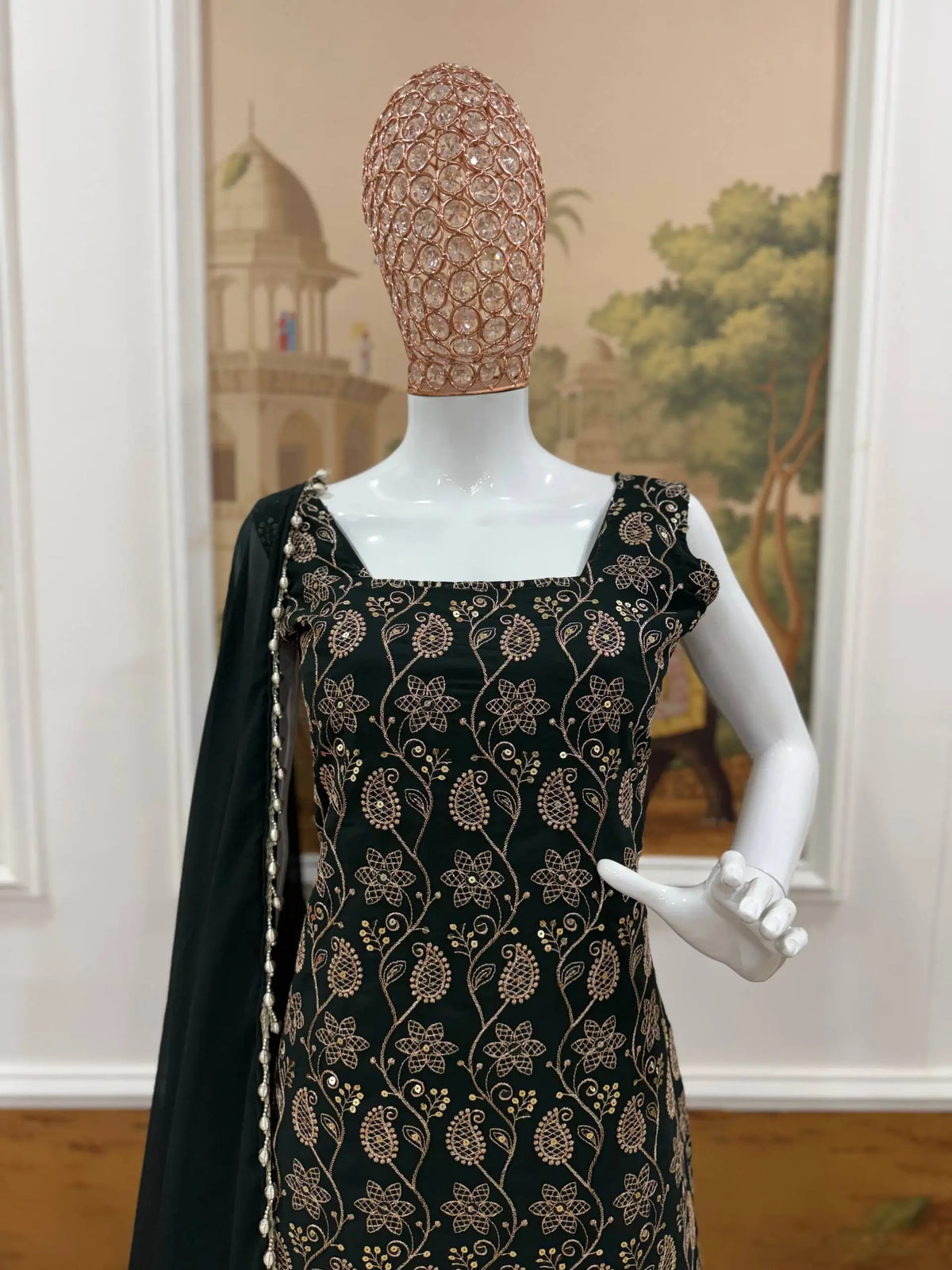 Wine & Green Backless Georgette Gharara Set with Embroidery