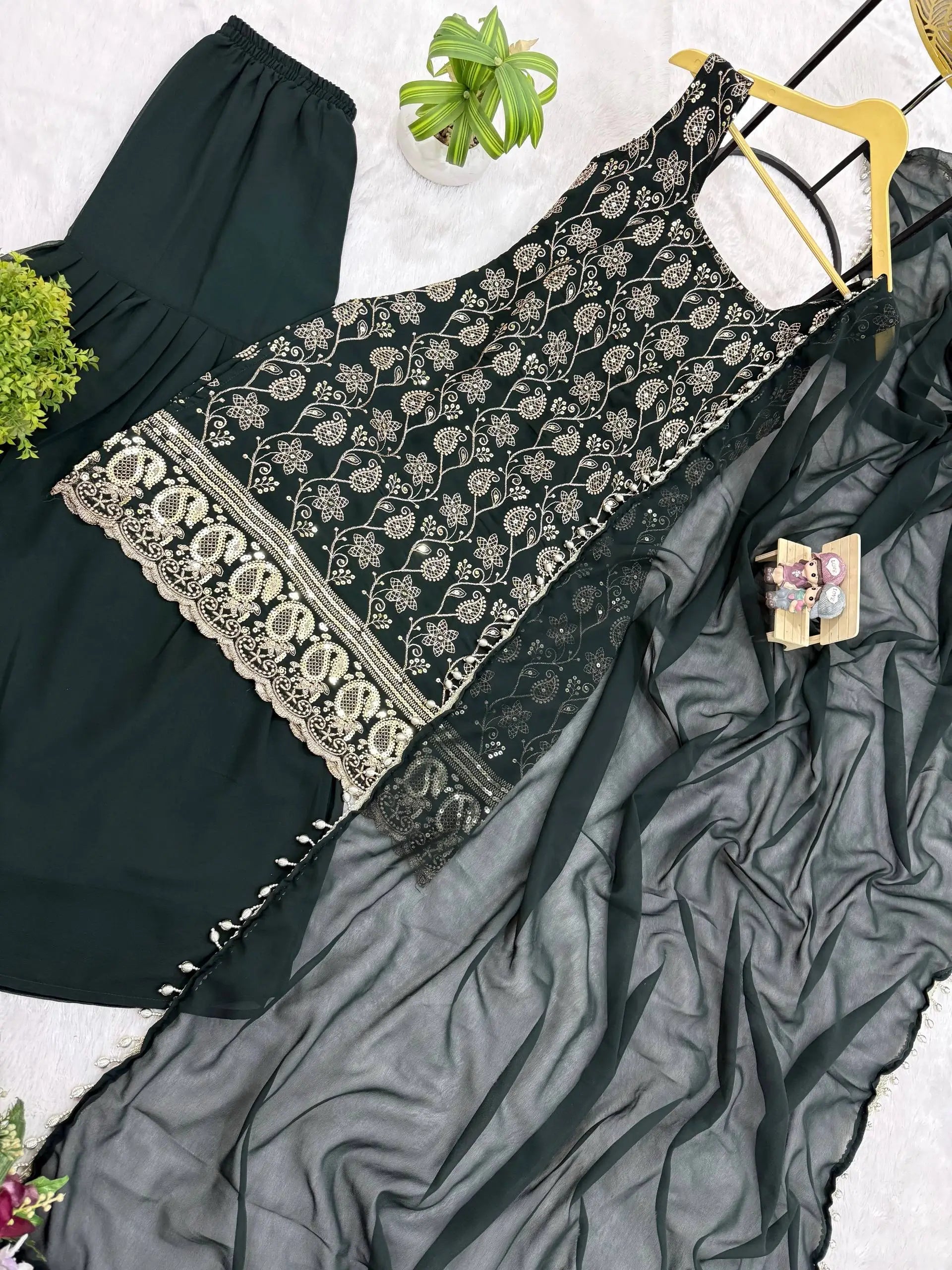 Wine & Green Backless Georgette Gharara Set with Embroidery