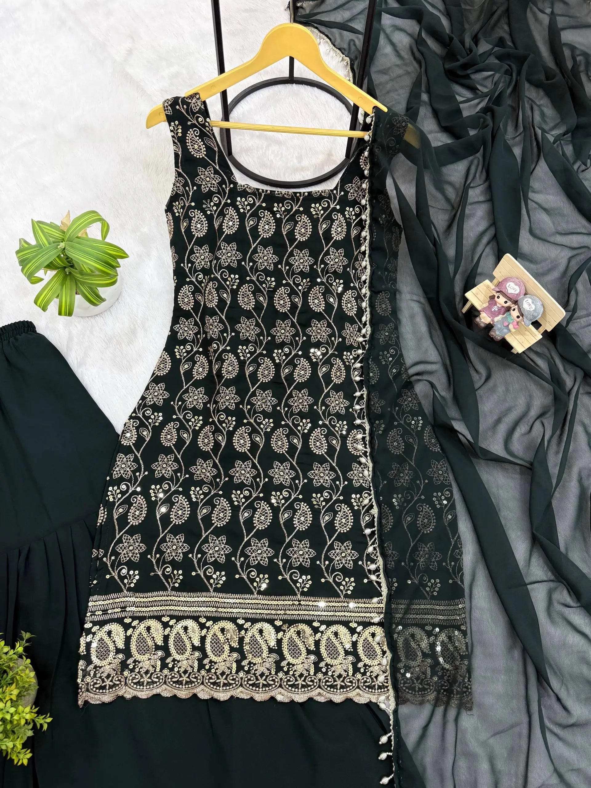 Wine & Green Backless Georgette Gharara Set with Embroidery