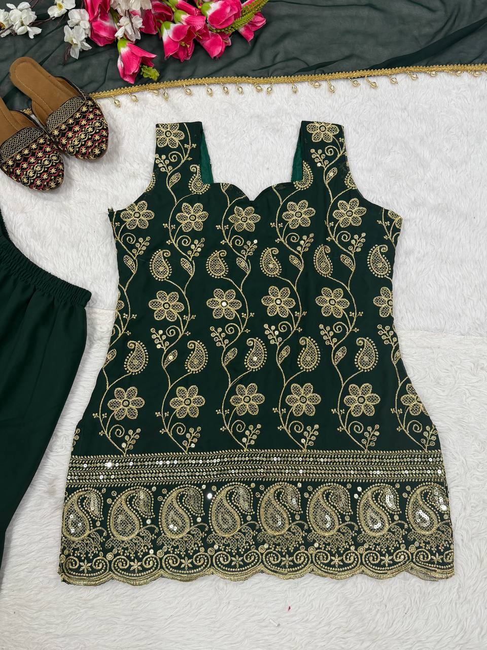 Wine & Green Backless Georgette Gharara Set with Embroidery