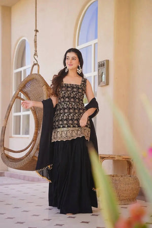 Wine & Green Backless Georgette Gharara Set with Embroidery