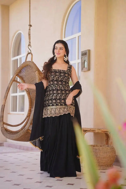 Wine & Green Backless Georgette Gharara Set with Embroidery
