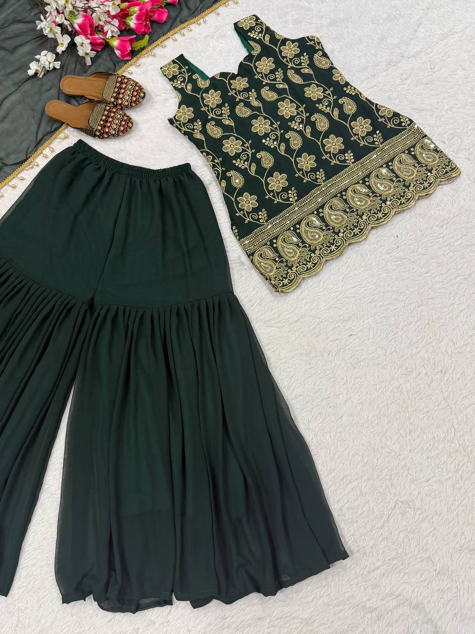 Wine & Green Backless Georgette Gharara Set with Embroidery