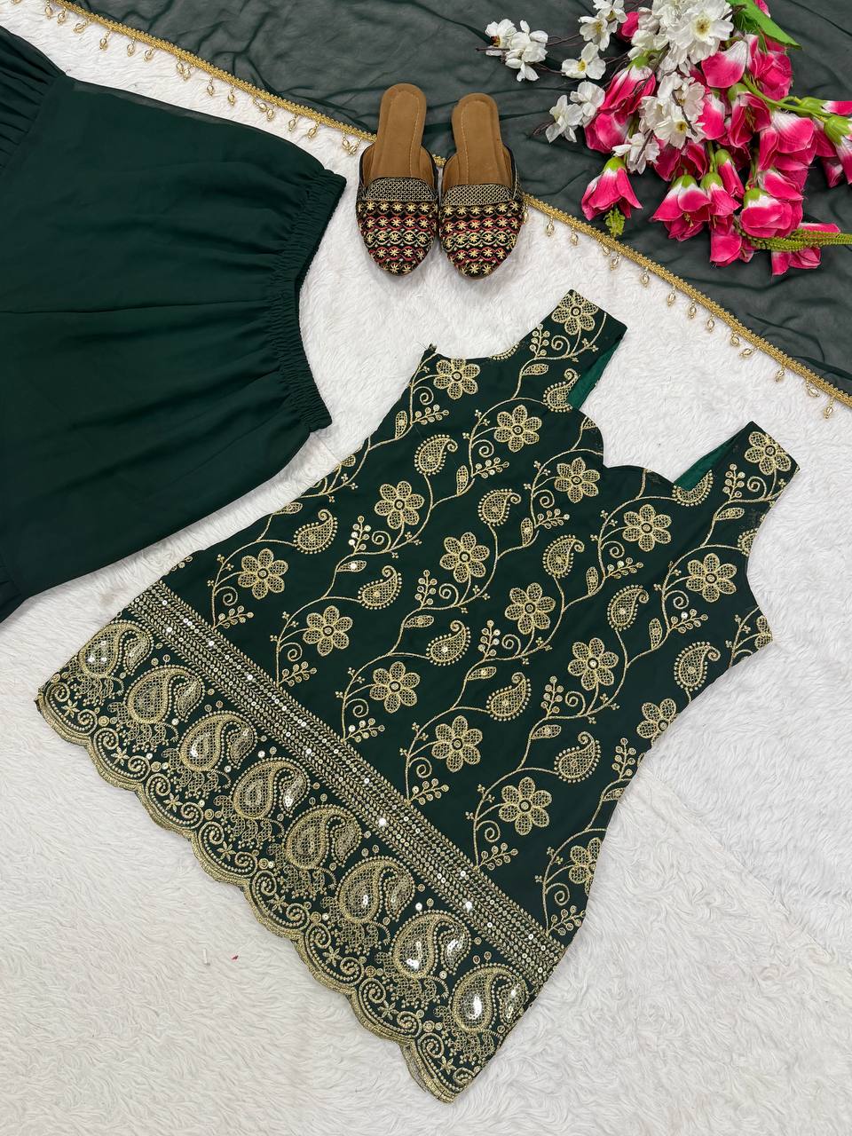 Wine & Green Backless Georgette Gharara Set with Embroidery