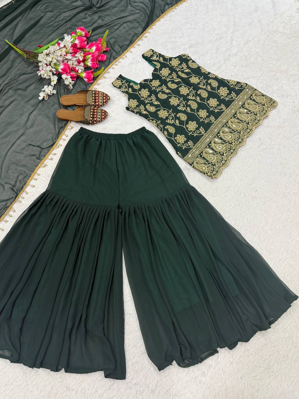 Wine & Green Backless Georgette Gharara Set with Embroidery