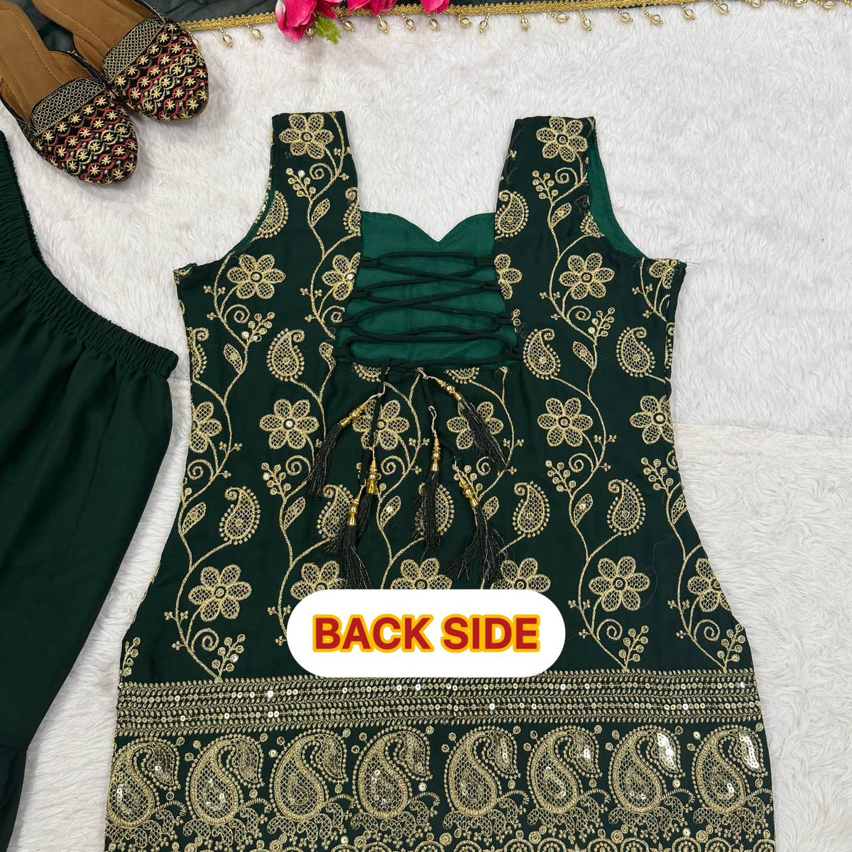 Wine & Green Backless Georgette Gharara Set with Embroidery
