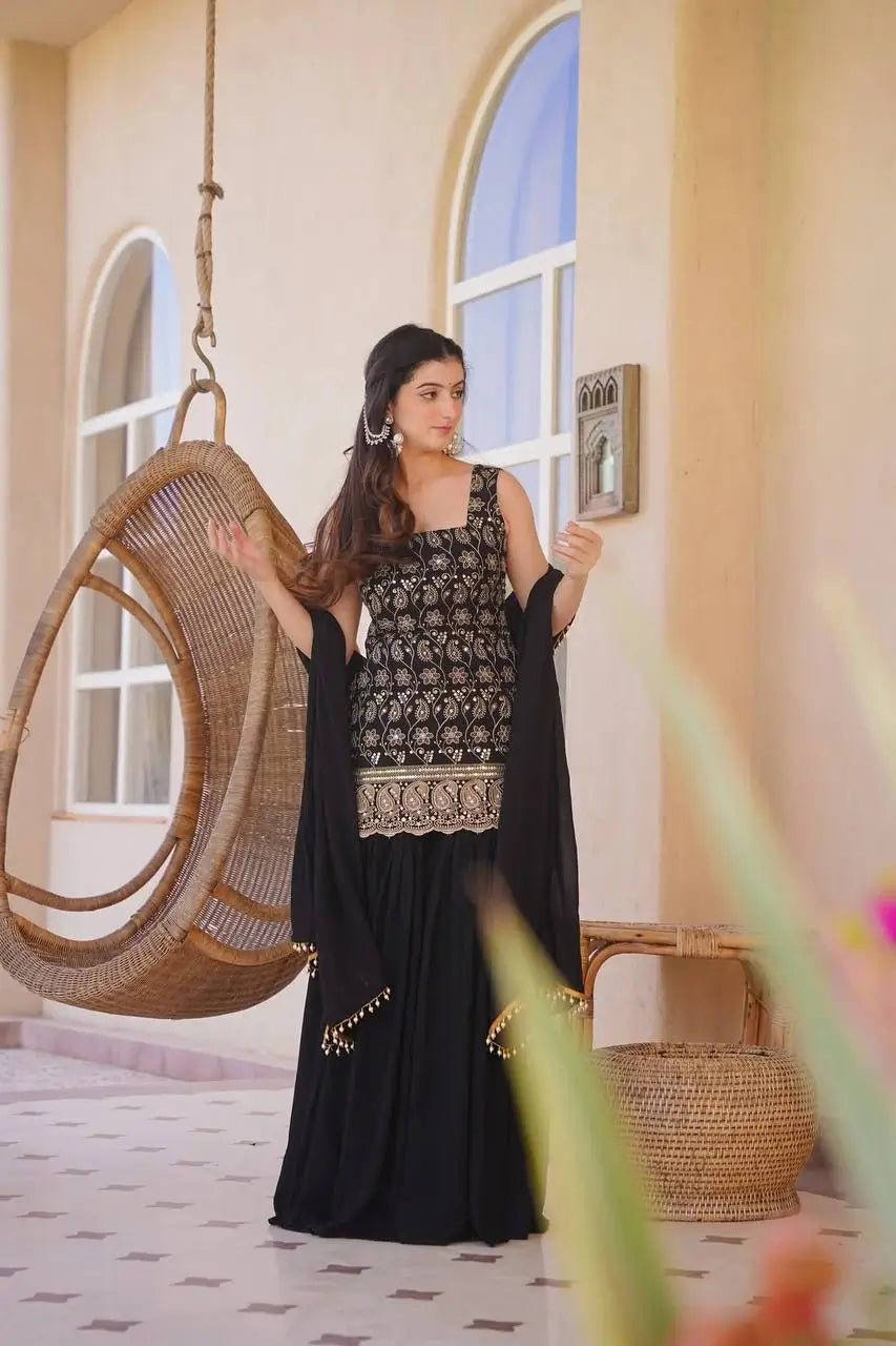 Wine & Green Backless Georgette Gharara Set with Embroidery