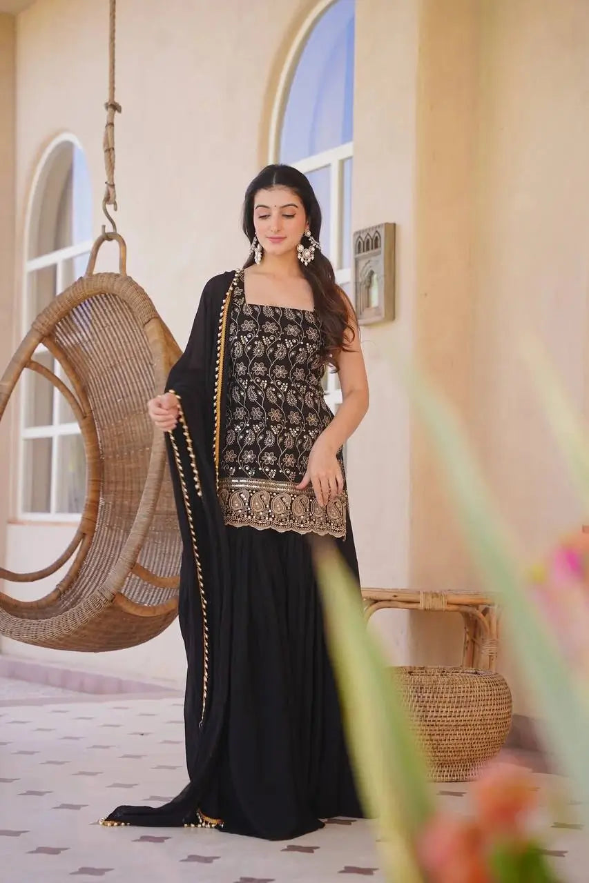 Wine & Green Backless Georgette Gharara Set with Embroidery