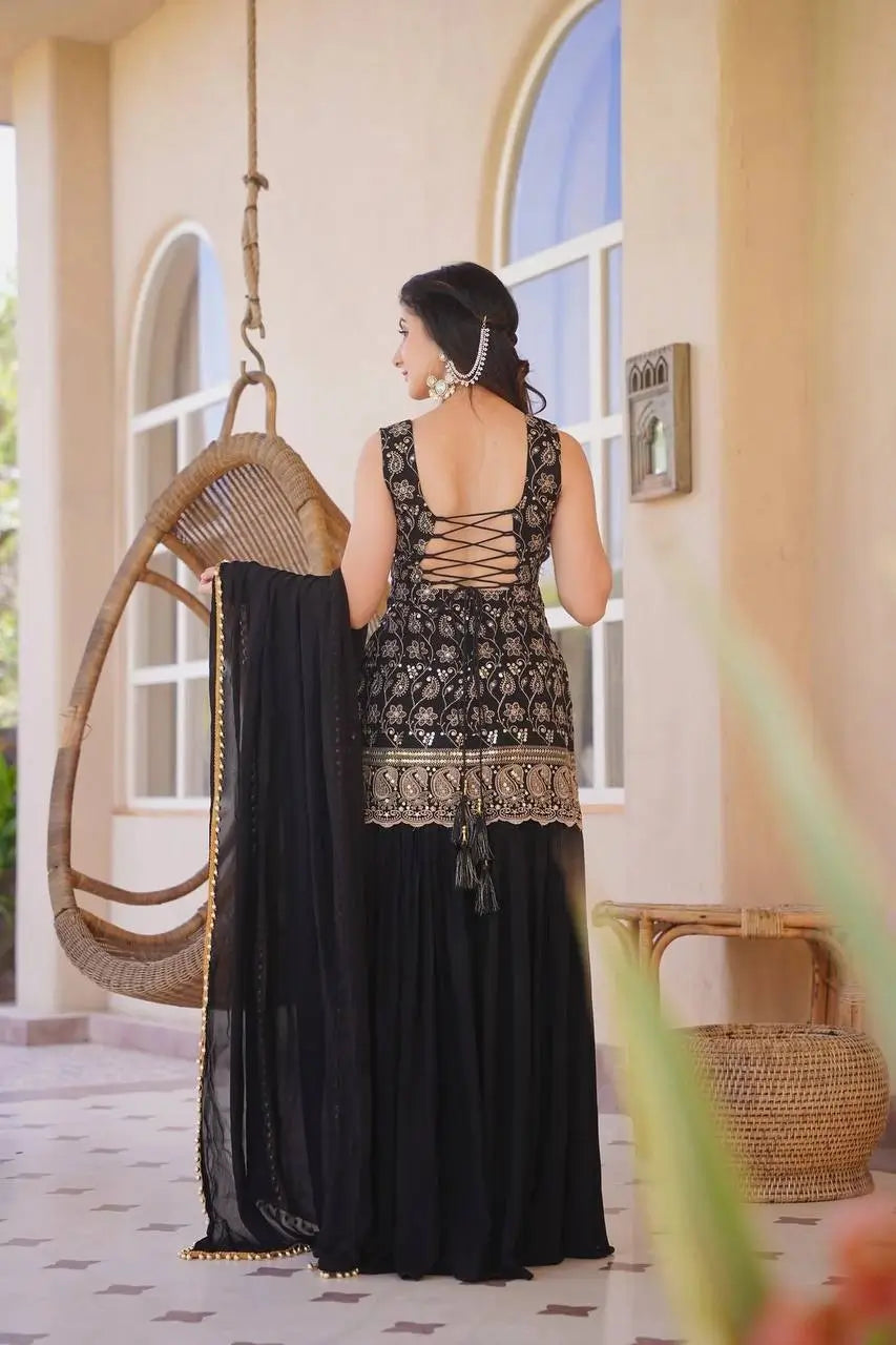 Wine & Green Backless Georgette Gharara Set with Embroidery