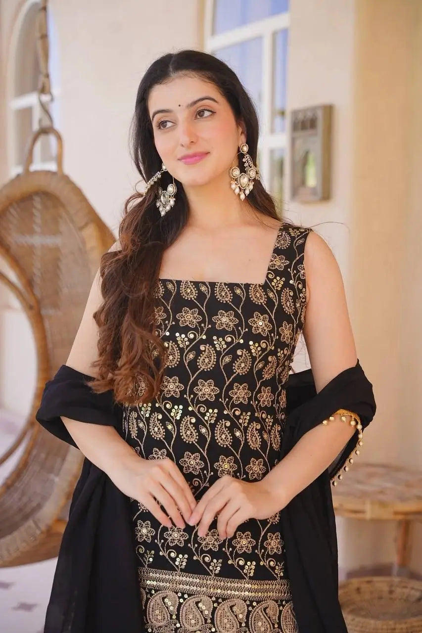 Wine & Green Backless Georgette Gharara Set with Embroidery