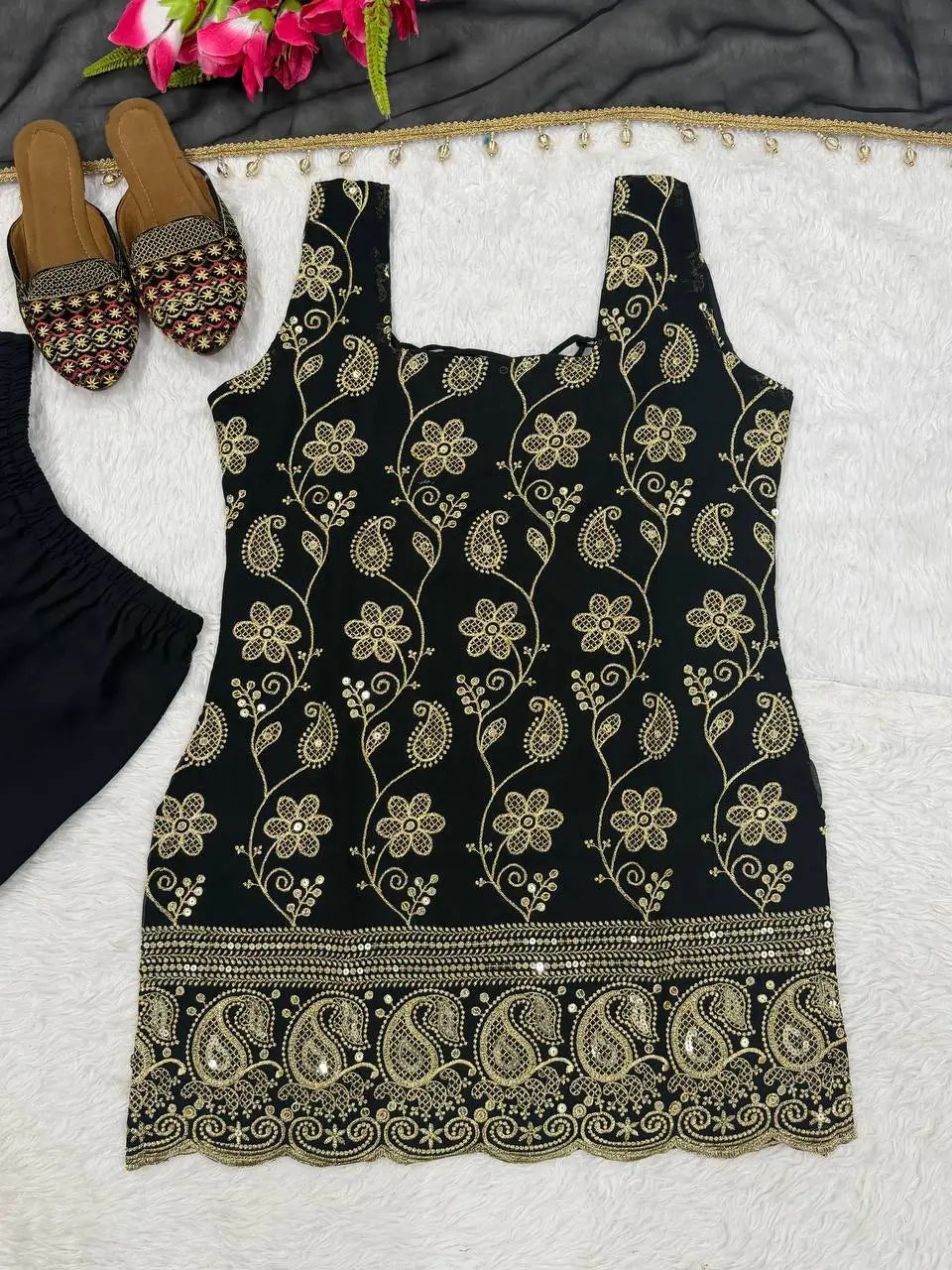 Wine & Green Backless Georgette Gharara Set with Embroidery