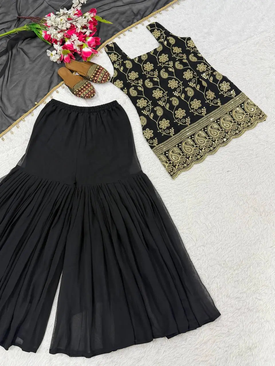 Wine & Green Backless Georgette Gharara Set with Embroidery