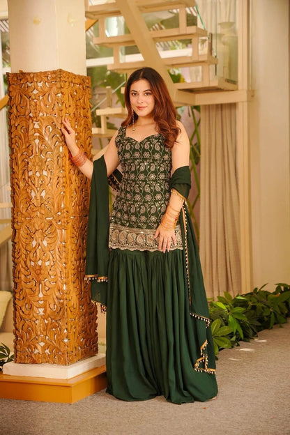 Wine & Green Backless Georgette Gharara Set with Embroidery