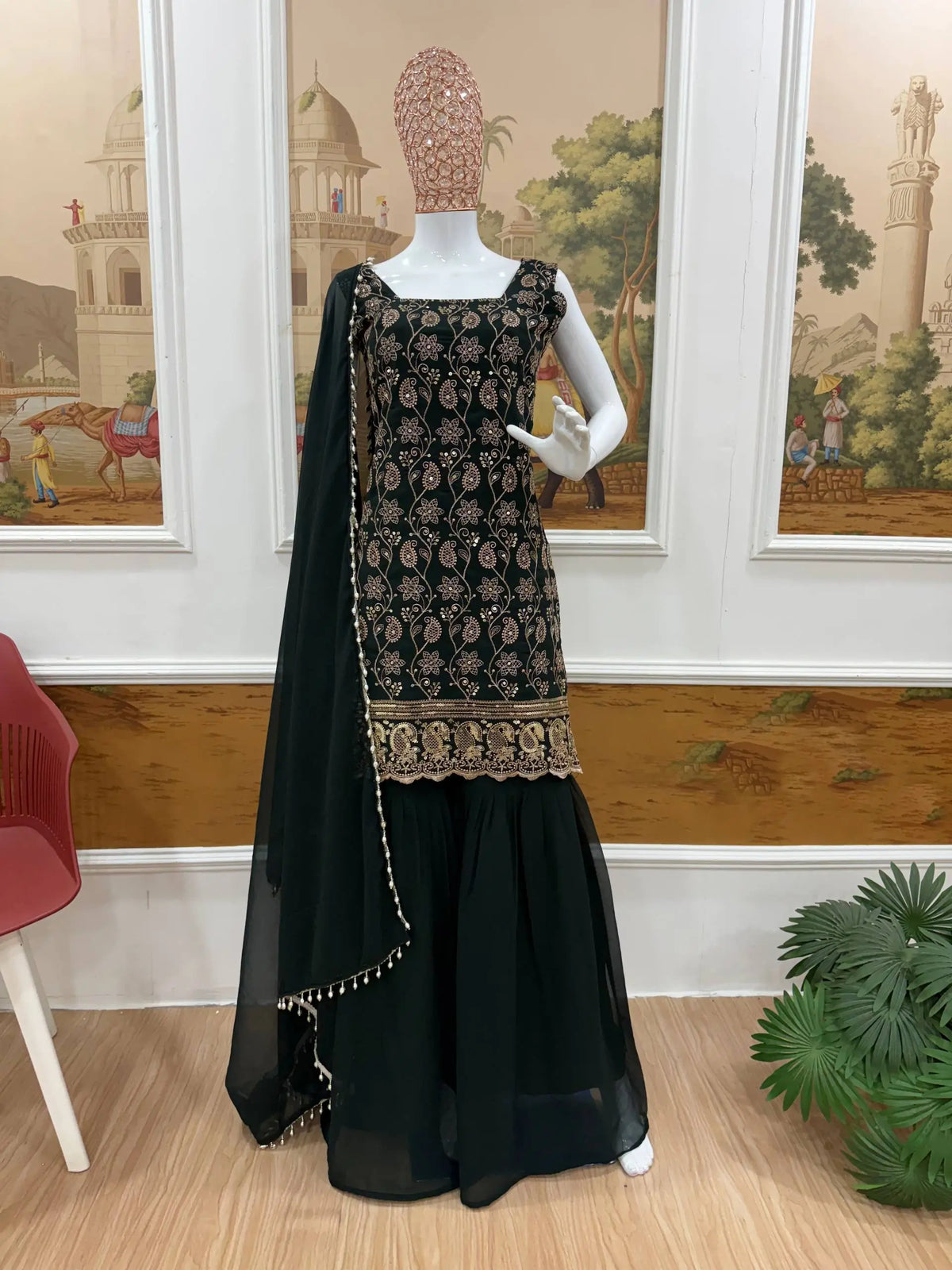 Wine & Green Backless Georgette Gharara Set with Embroidery