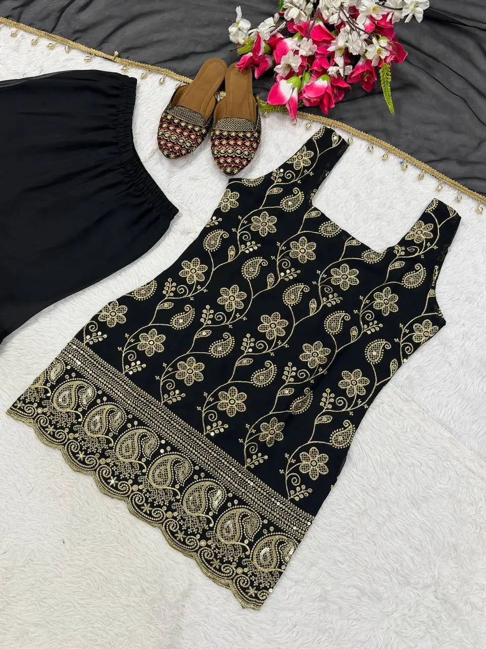 Wine & Green Backless Georgette Gharara Set with Embroidery