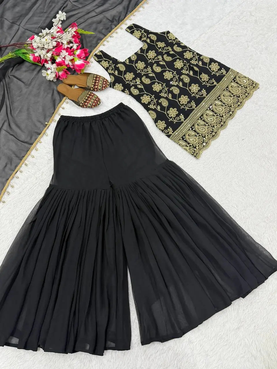Wine & Green Backless Georgette Gharara Set with Embroidery