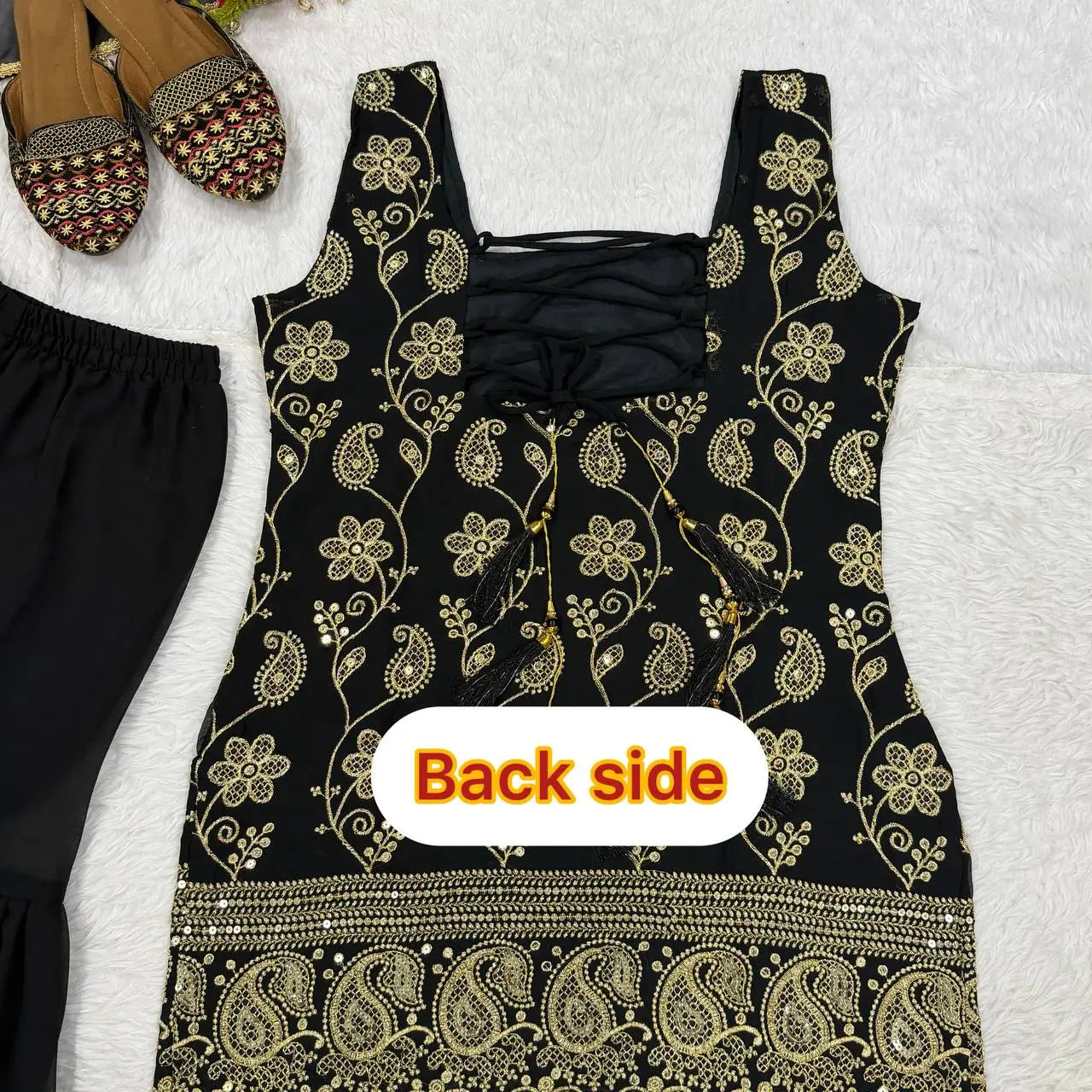Wine & Green Backless Georgette Gharara Set with Embroidery
