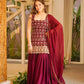 Wine & Green Backless Georgette Gharara Set with Embroidery