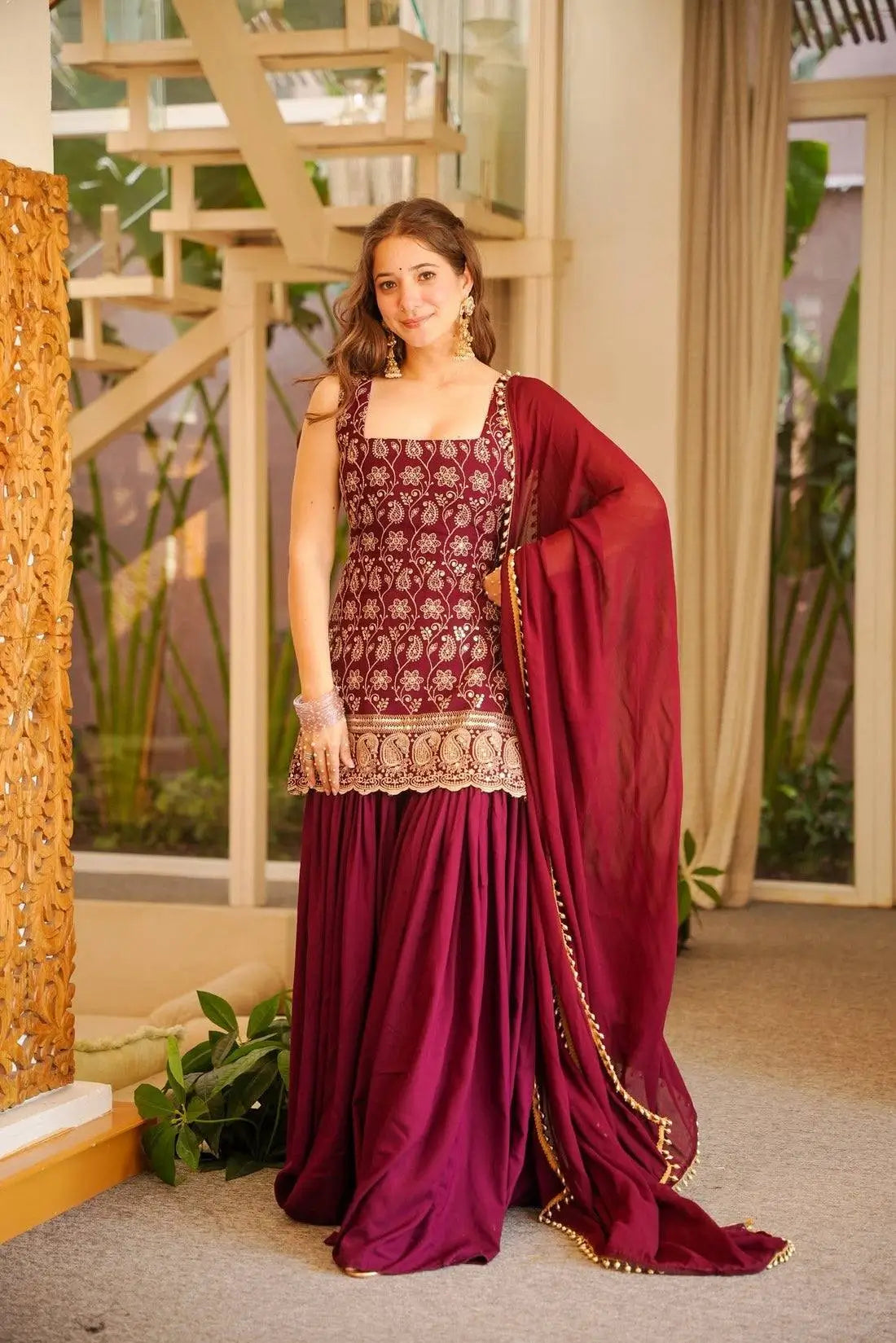 Wine & Green Backless Georgette Gharara Set with Embroidery