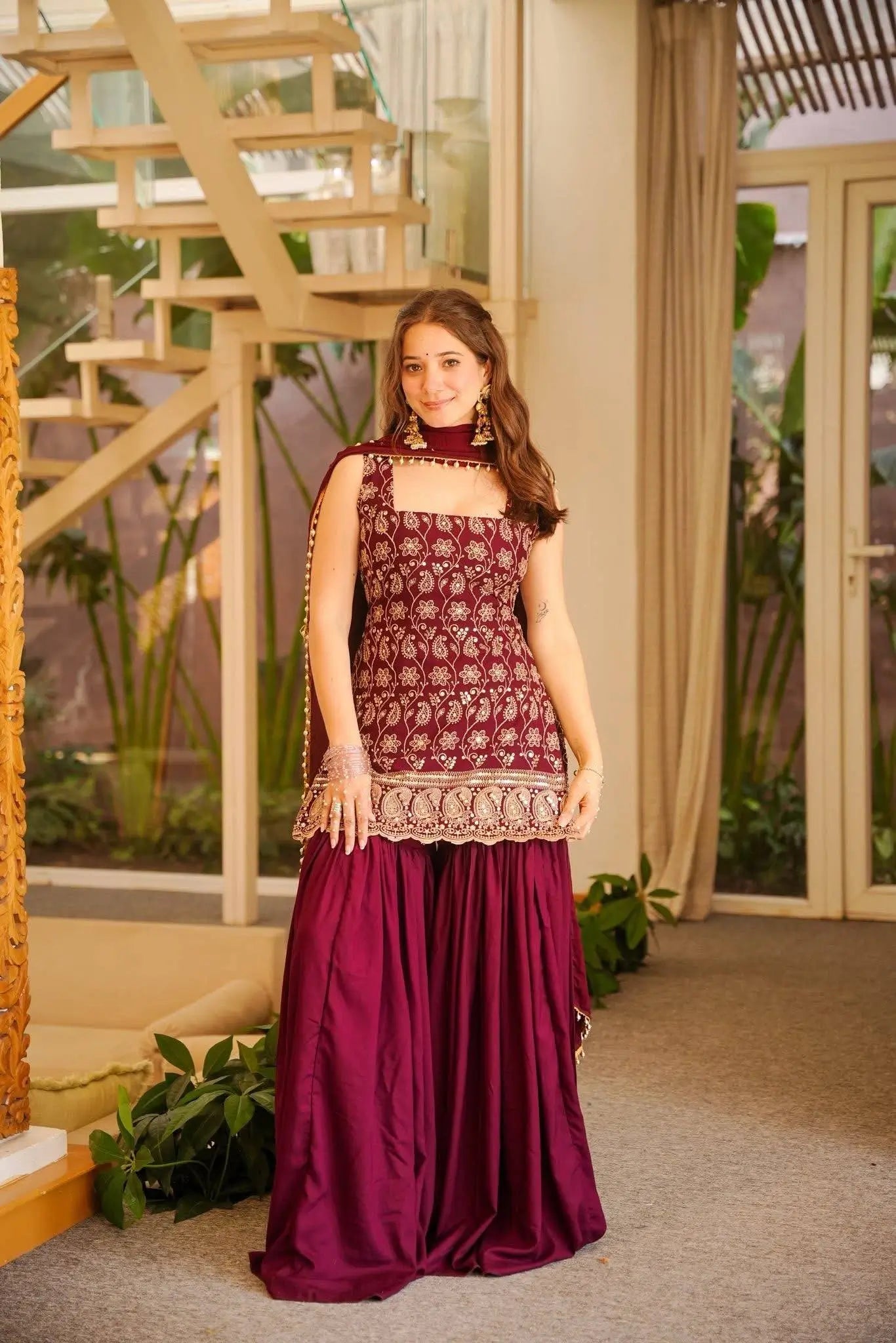 Wine & Green Backless Georgette Gharara Set with Embroidery