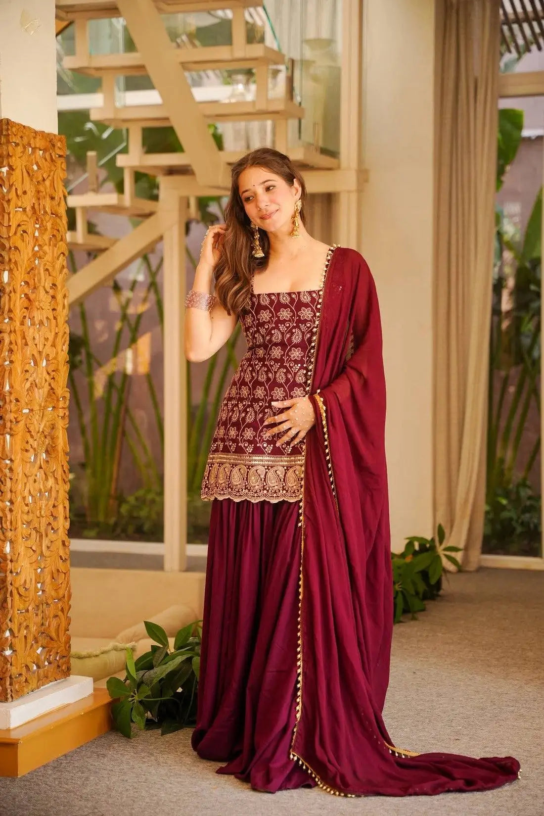 Wine & Green Backless Georgette Gharara Set with Embroidery