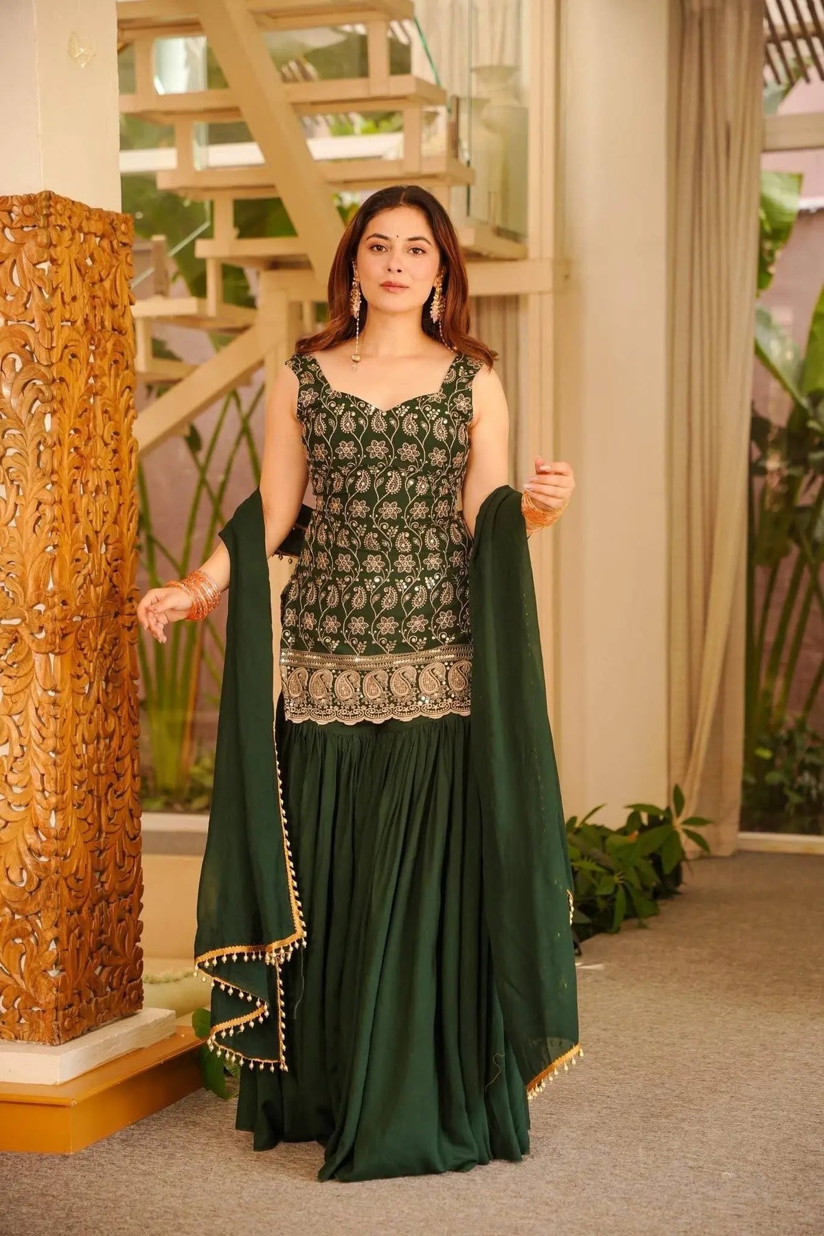 Wine & Green Backless Georgette Gharara Set with Embroidery