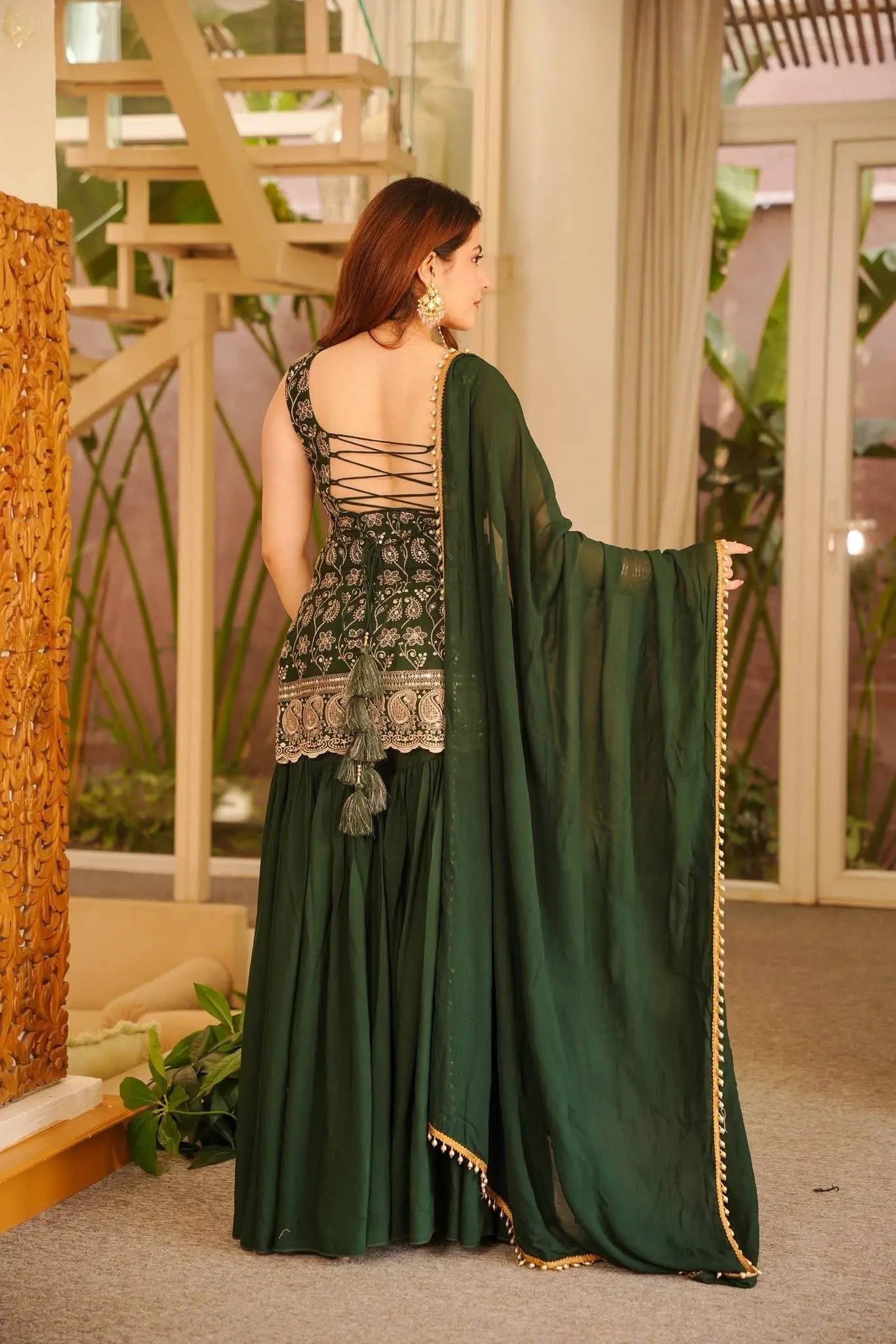 Wine & Green Backless Georgette Gharara Set with Embroidery