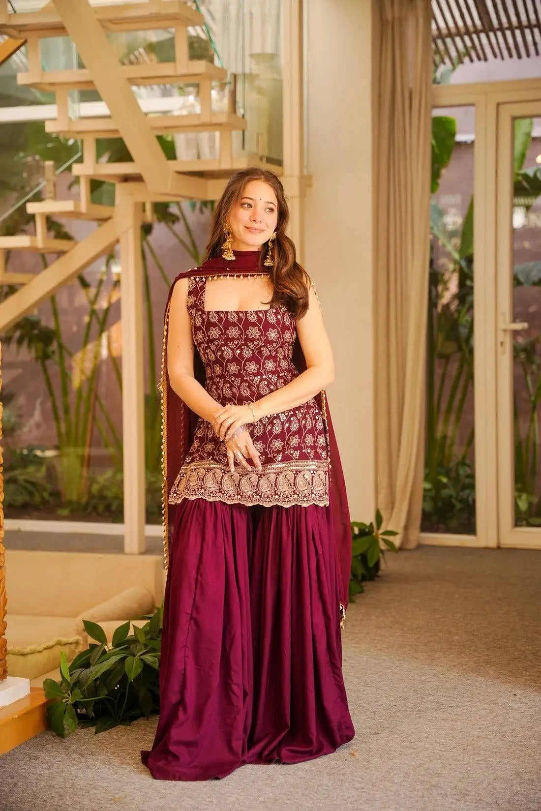 Wine & Green Backless Georgette Gharara Set with Embroidery