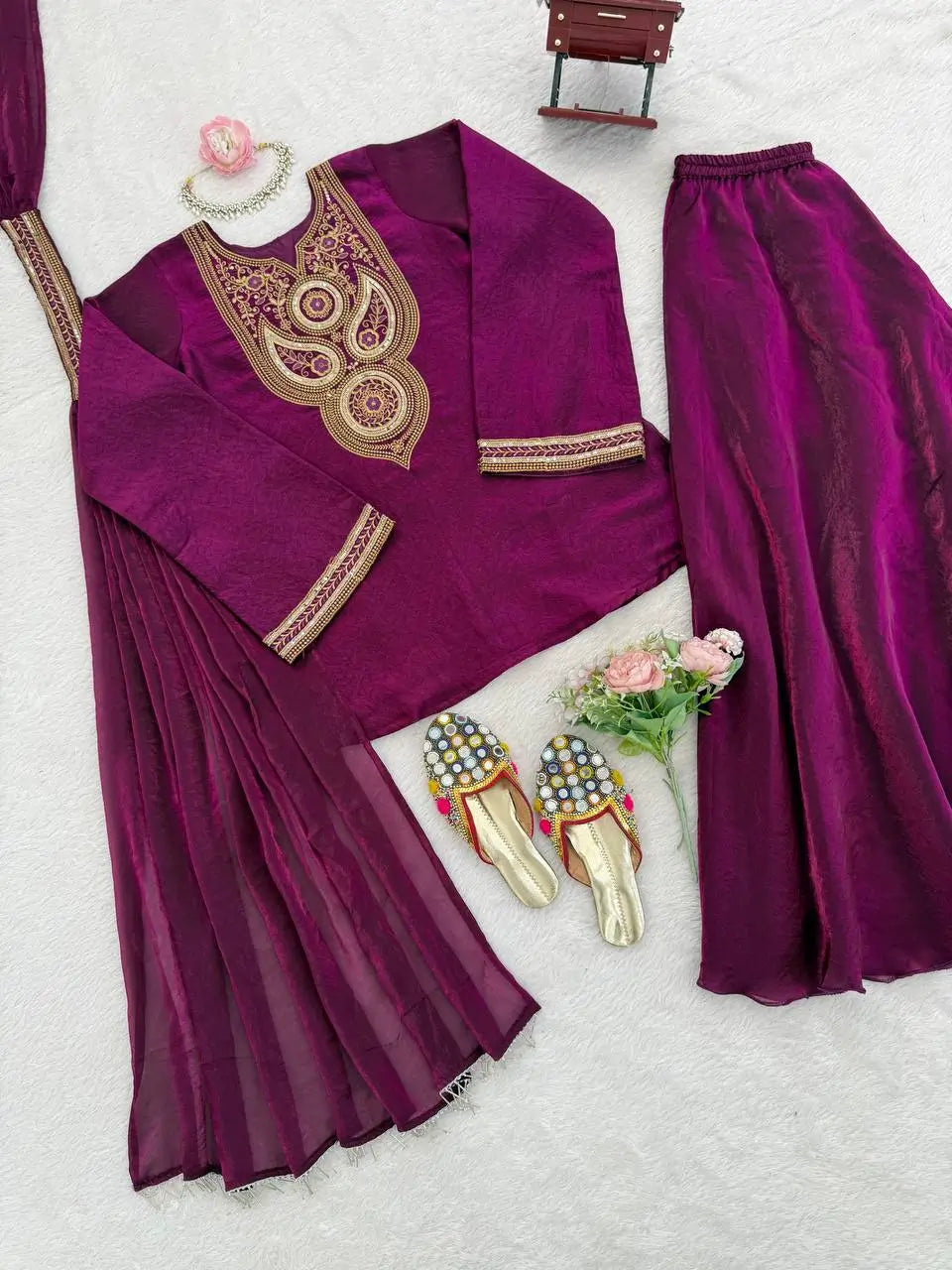 Wine Heavy Fendy Silk Embroidered Sharara Suit Set with Thread Sequins Dupatta | Festive Party Wear