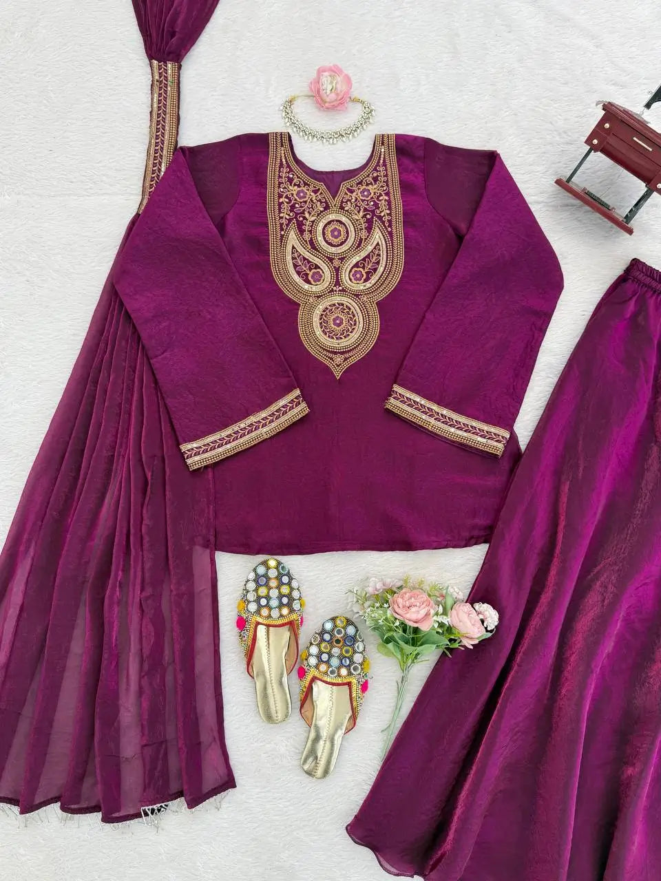 Wine Heavy Fendy Silk Embroidered Sharara Suit Set with Thread Sequins Dupatta | Festive Party Wear